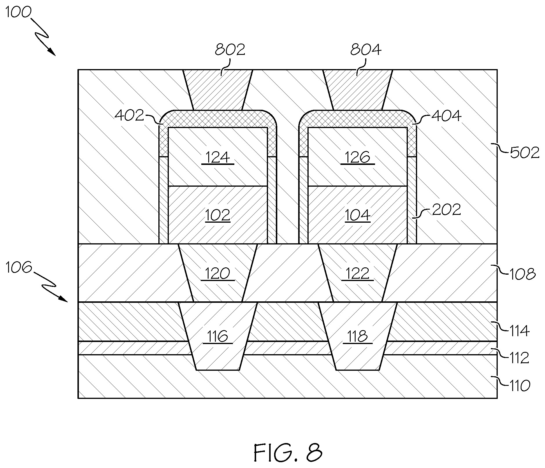 Patent US11778929 Figure 8 – Selective encapsulation for metal electrodes of embedded memory devices
