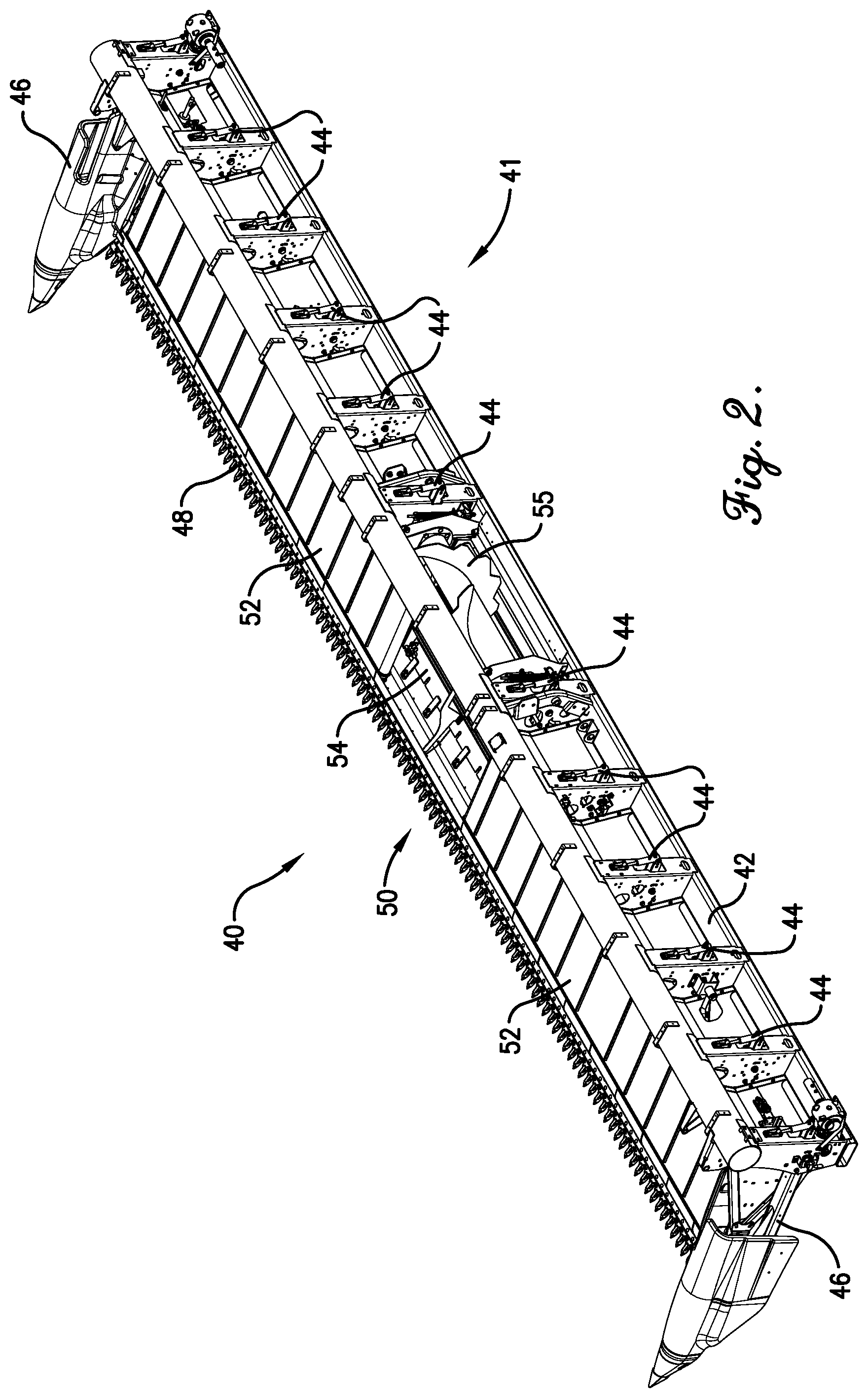 Patent US11778946 Figure 2 – Flexible header with sectional height adjustment
