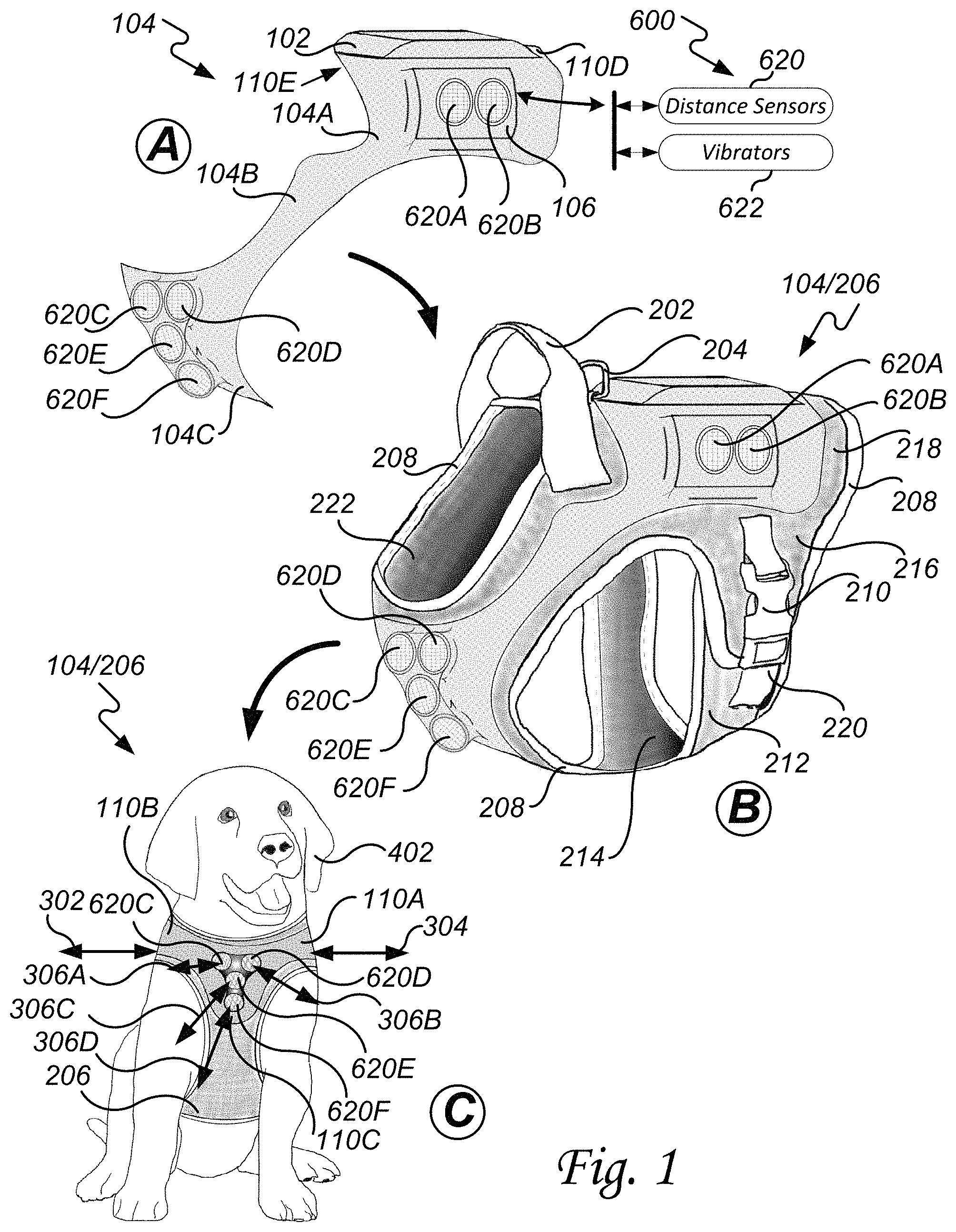 Patent US11778984 Figure 1 – Navigational safety system and method for visually impaired quadrupeds