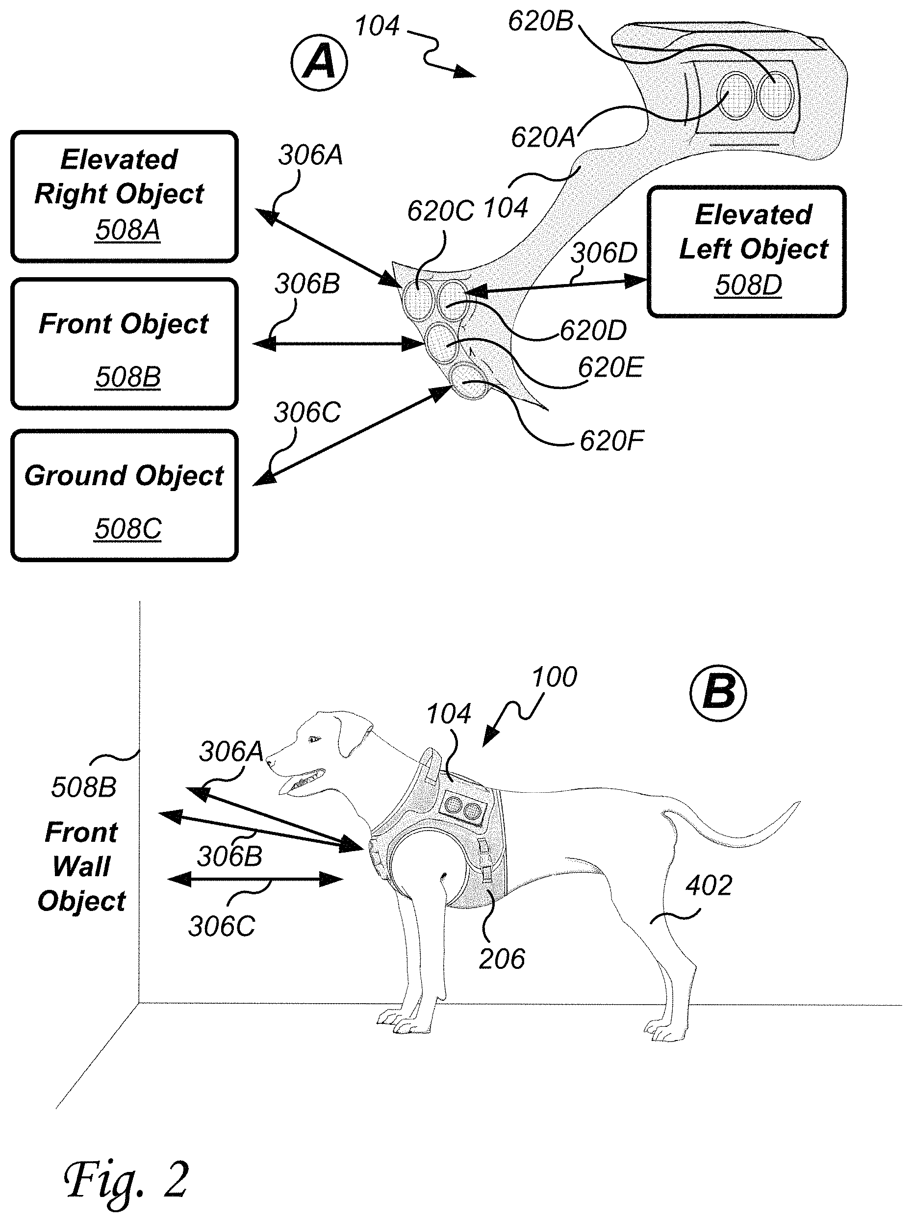 Patent US11778984 Figure 2 – Navigational safety system and method for visually impaired quadrupeds