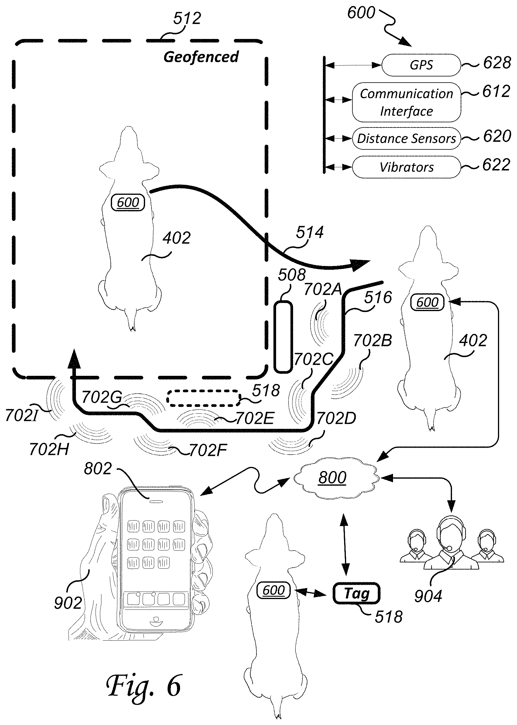 Patent US11778984 Figure 6 – Navigational safety system and method for visually impaired quadrupeds