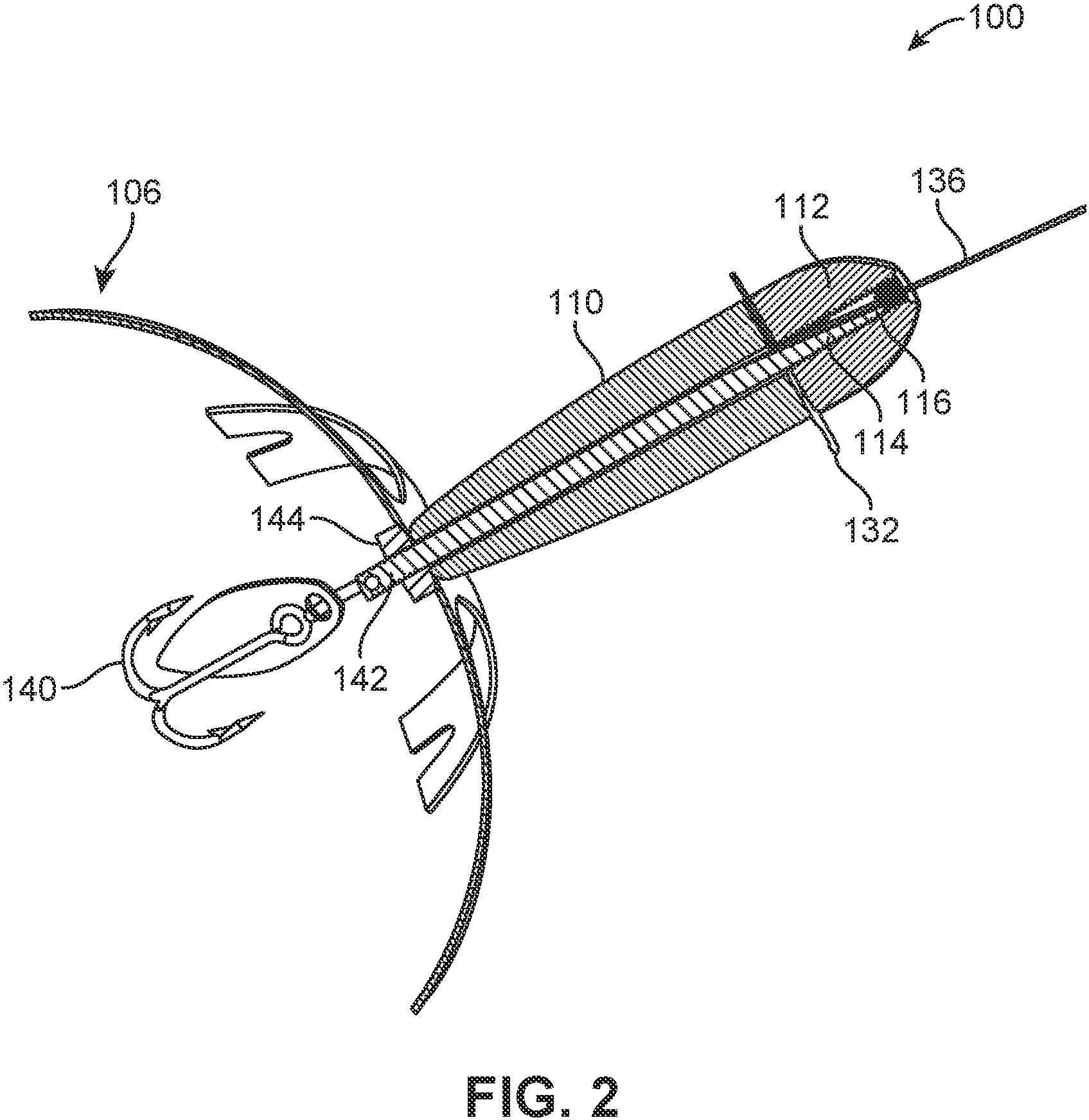 Patent US11779001 Figure 2 – Fishing lure line attachment system