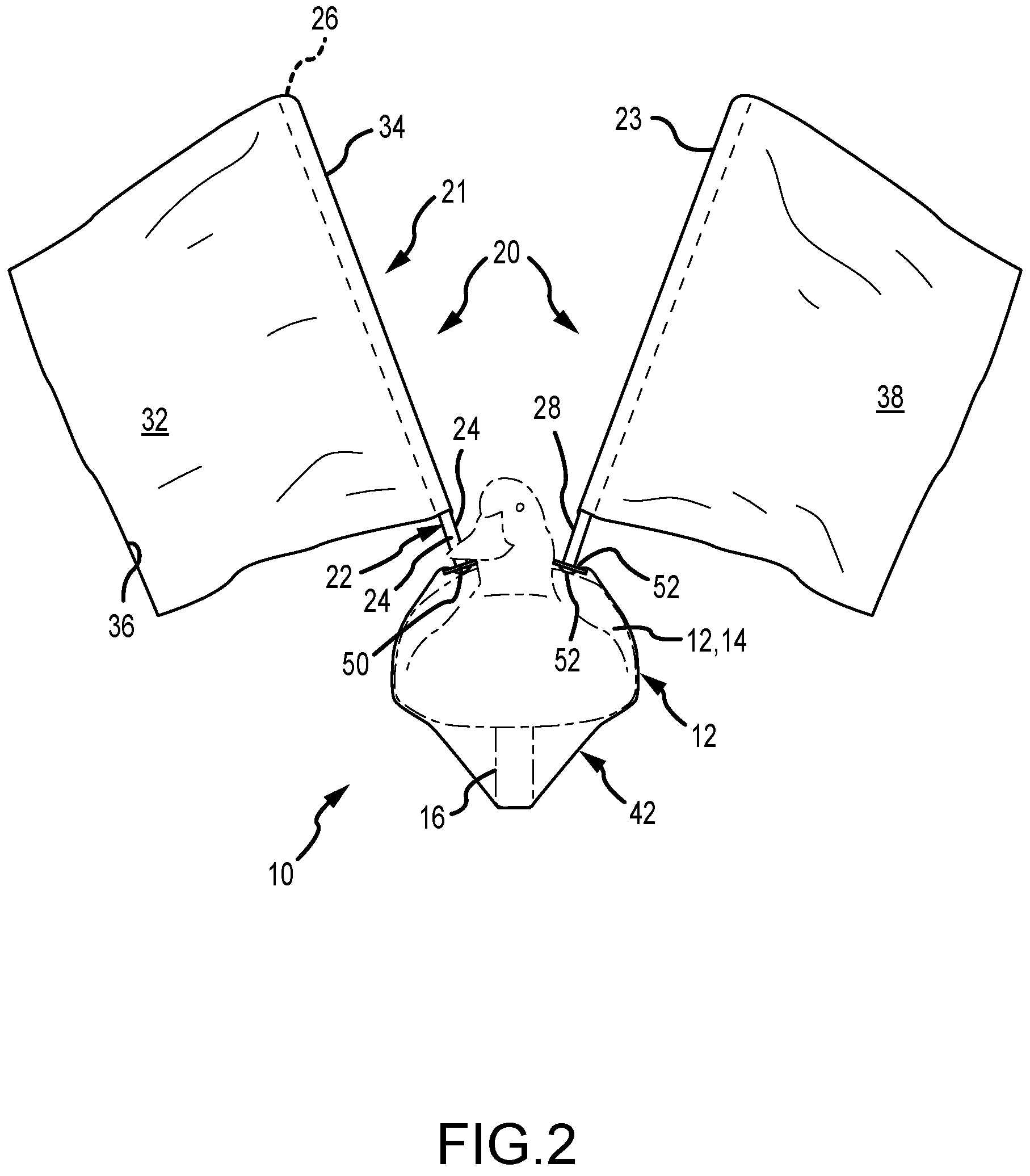 Patent US11779011 Figure 2 – Migratory bird decoy and migratory bird decoy wing assembly