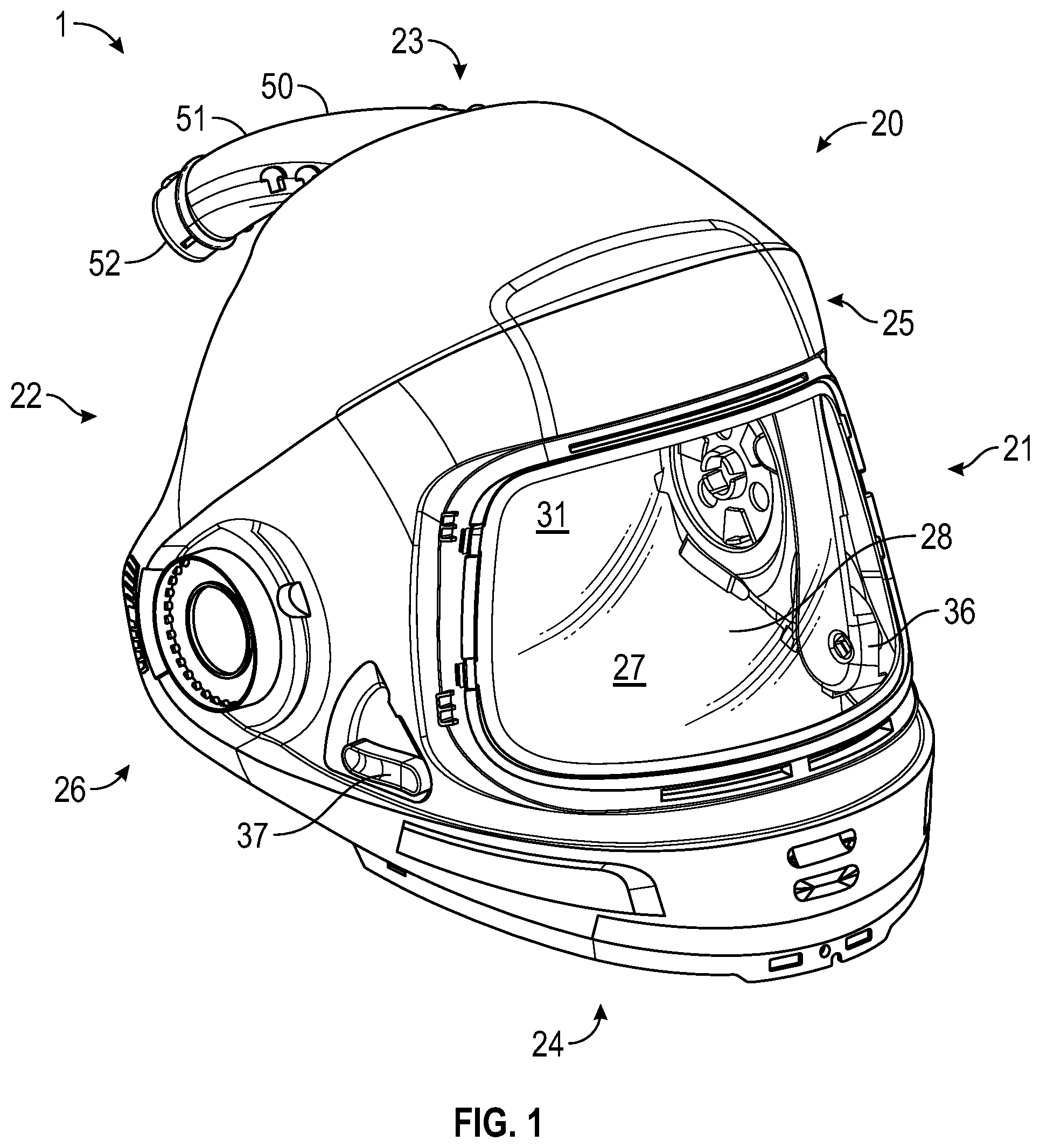Patent US11779075 Figure 1 – Protective headgear with adjustable air supply