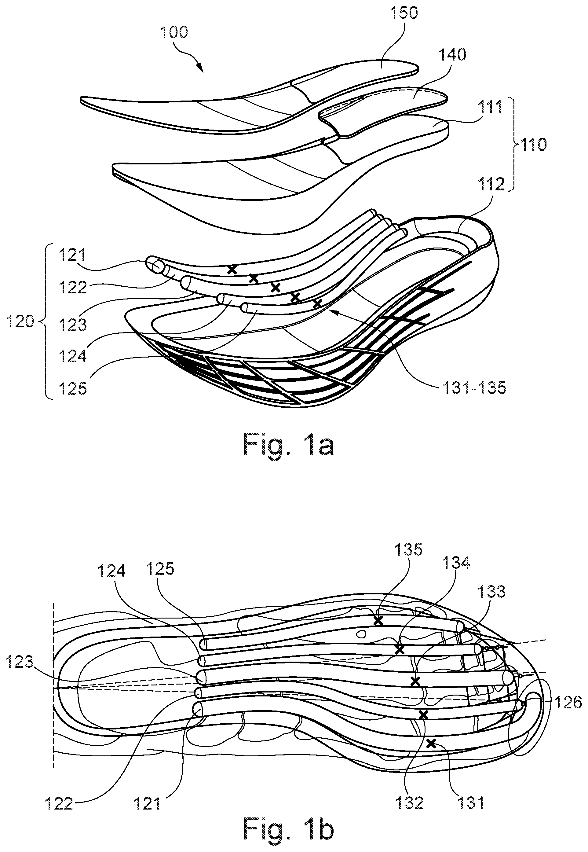 Patent US11779077 Figure 1 – Sole comprising individually deflectable reinforcing members, shoe with such a sole, and method for the manufacture of such items