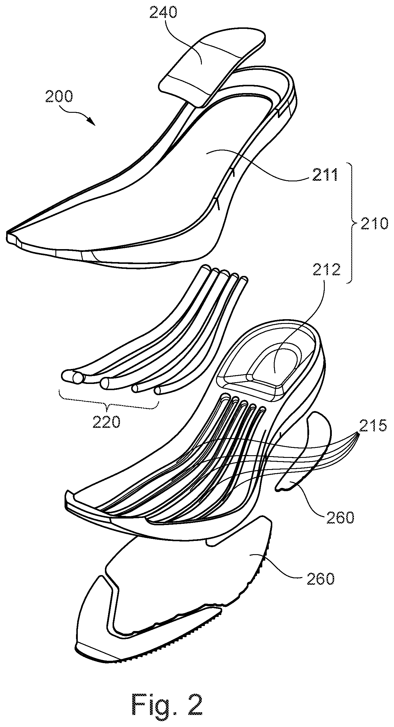 Patent US11779077 Figure 4 – Sole comprising individually deflectable reinforcing members, shoe with such a sole, and method for the manufacture of such items