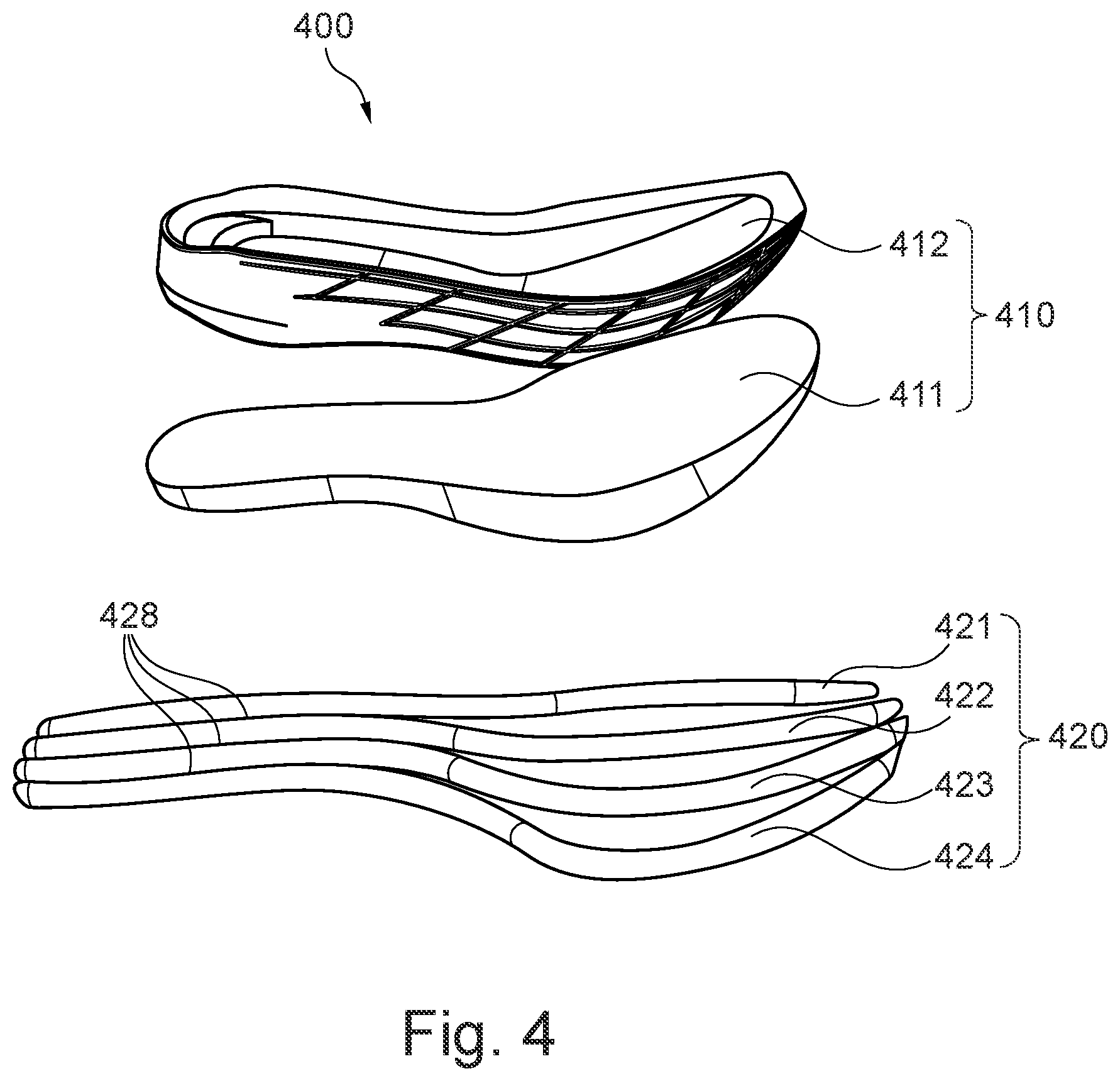 Patent US11779077 Figure 6 – Sole comprising individually deflectable reinforcing members, shoe with such a sole, and method for the manufacture of such items