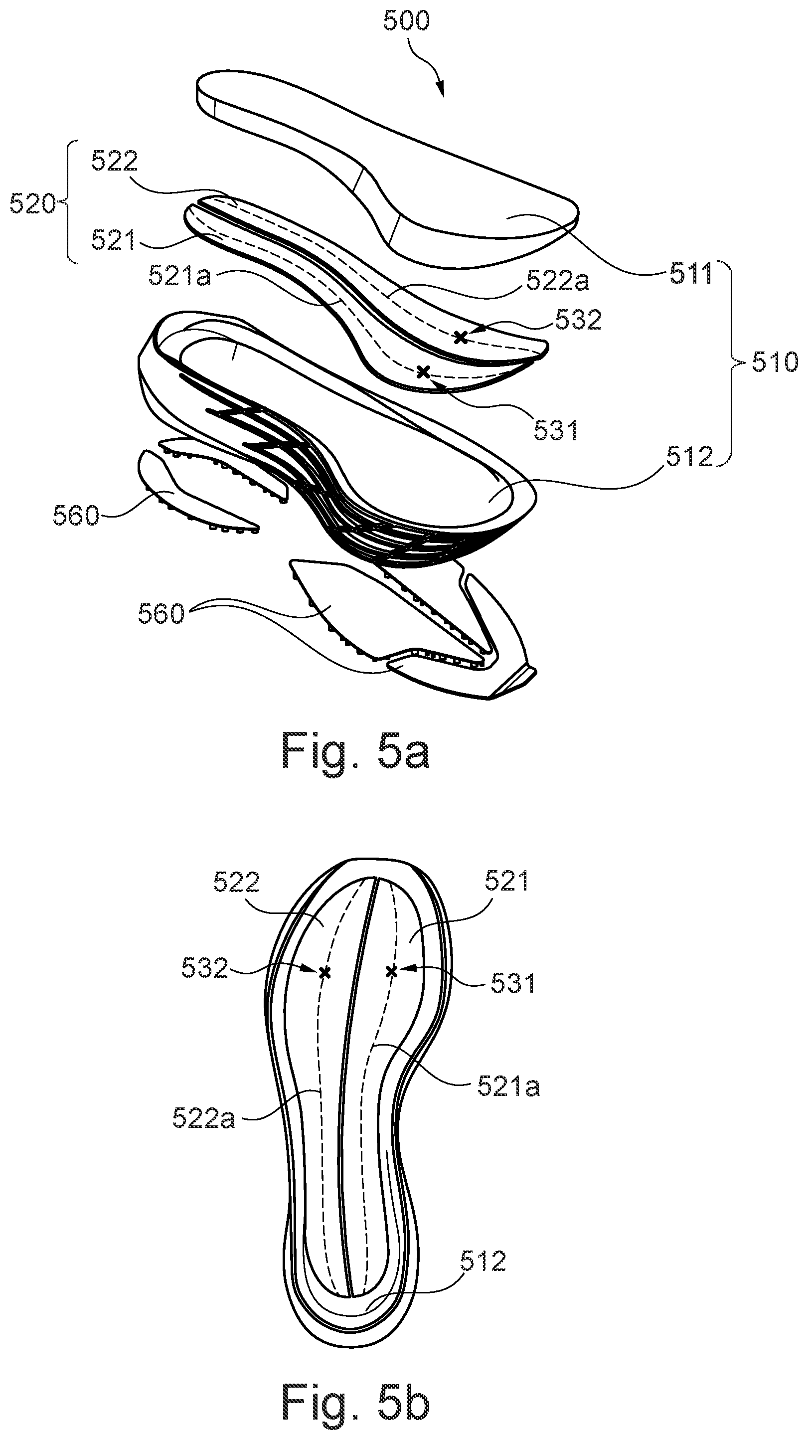 Patent US11779077 Figure 7 – Sole comprising individually deflectable reinforcing members, shoe with such a sole, and method for the manufacture of such items