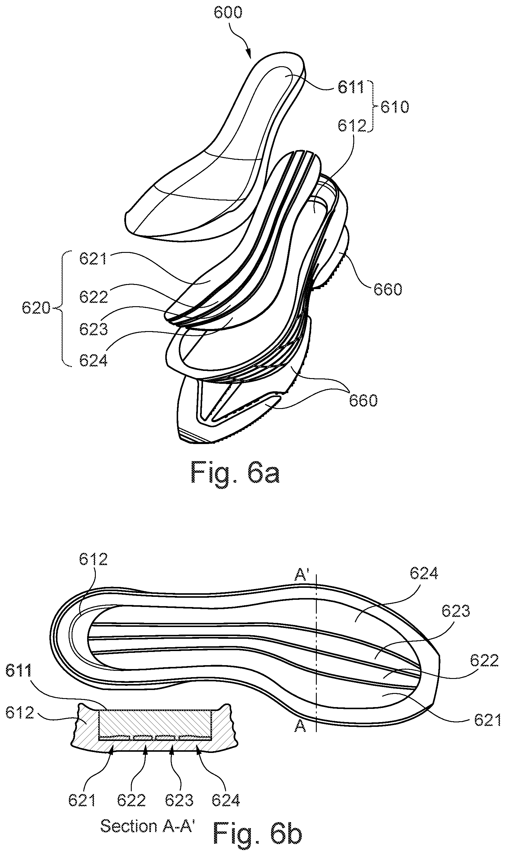 Patent US11779077 Figure 8 – Sole comprising individually deflectable reinforcing members, shoe with such a sole, and method for the manufacture of such items