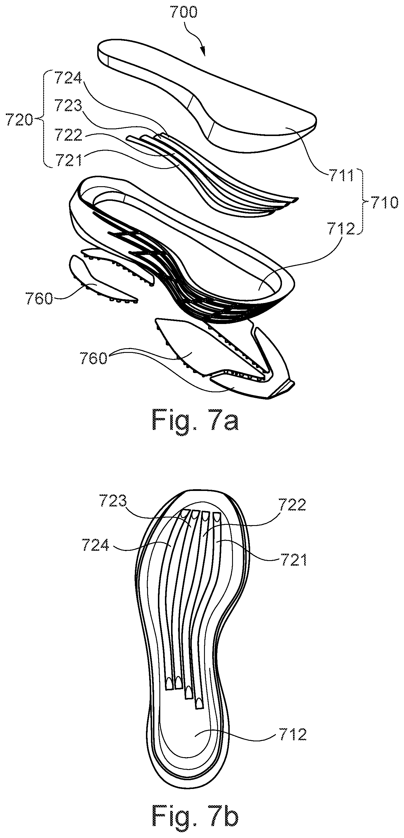 Patent US11779077 Figure 10 – Sole comprising individually deflectable reinforcing members, shoe with such a sole, and method for the manufacture of such items