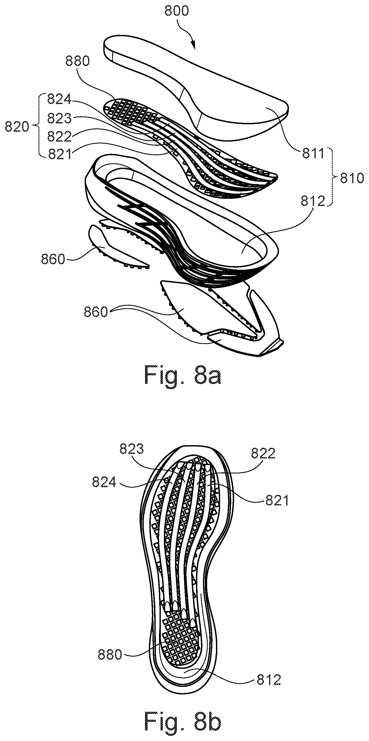 Patent US11779077 Figure 11 – Sole comprising individually deflectable reinforcing members, shoe with such a sole, and method for the manufacture of such items