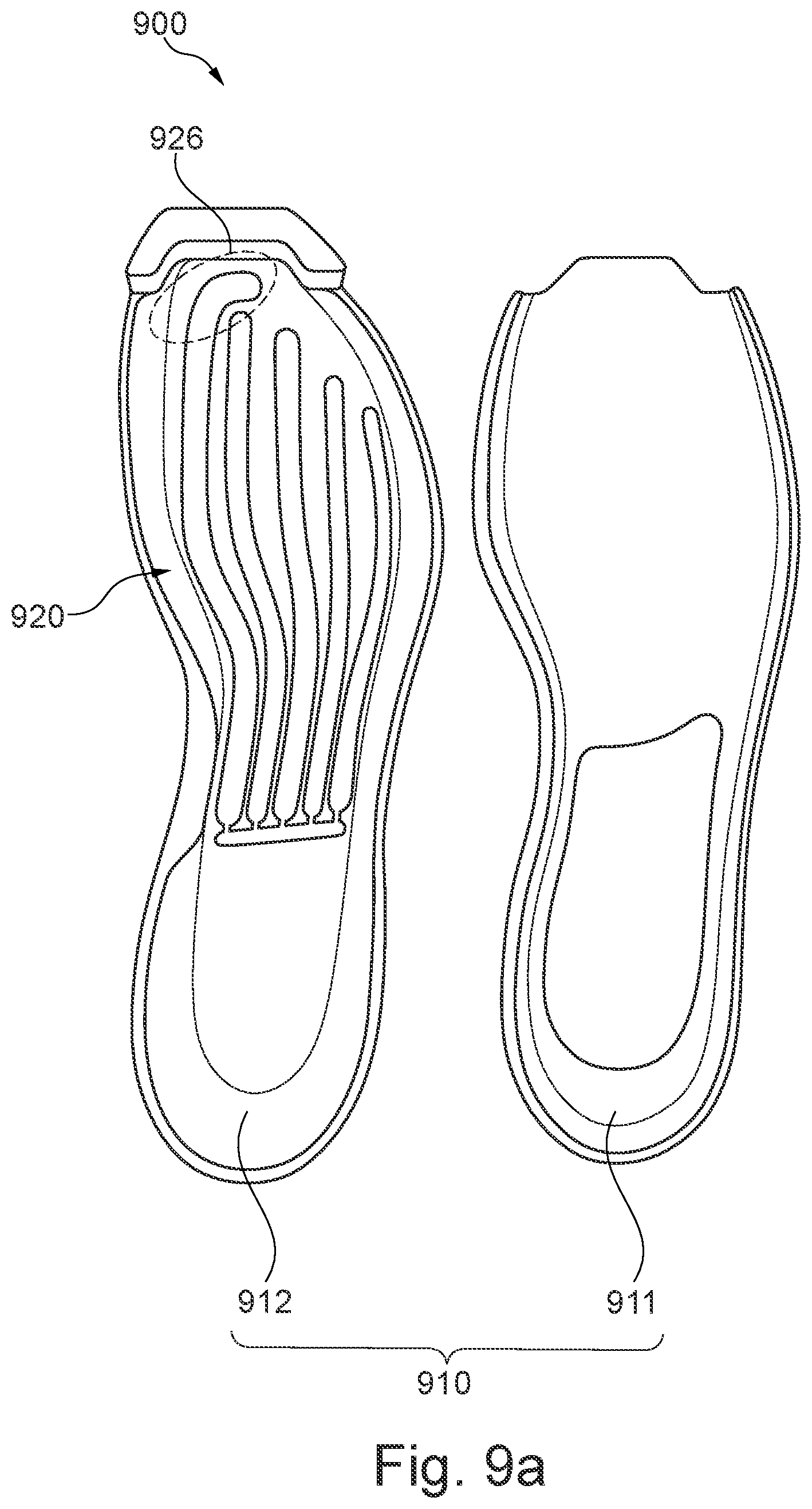 Patent US11779077 Figure 12 – Sole comprising individually deflectable reinforcing members, shoe with such a sole, and method for the manufacture of such items