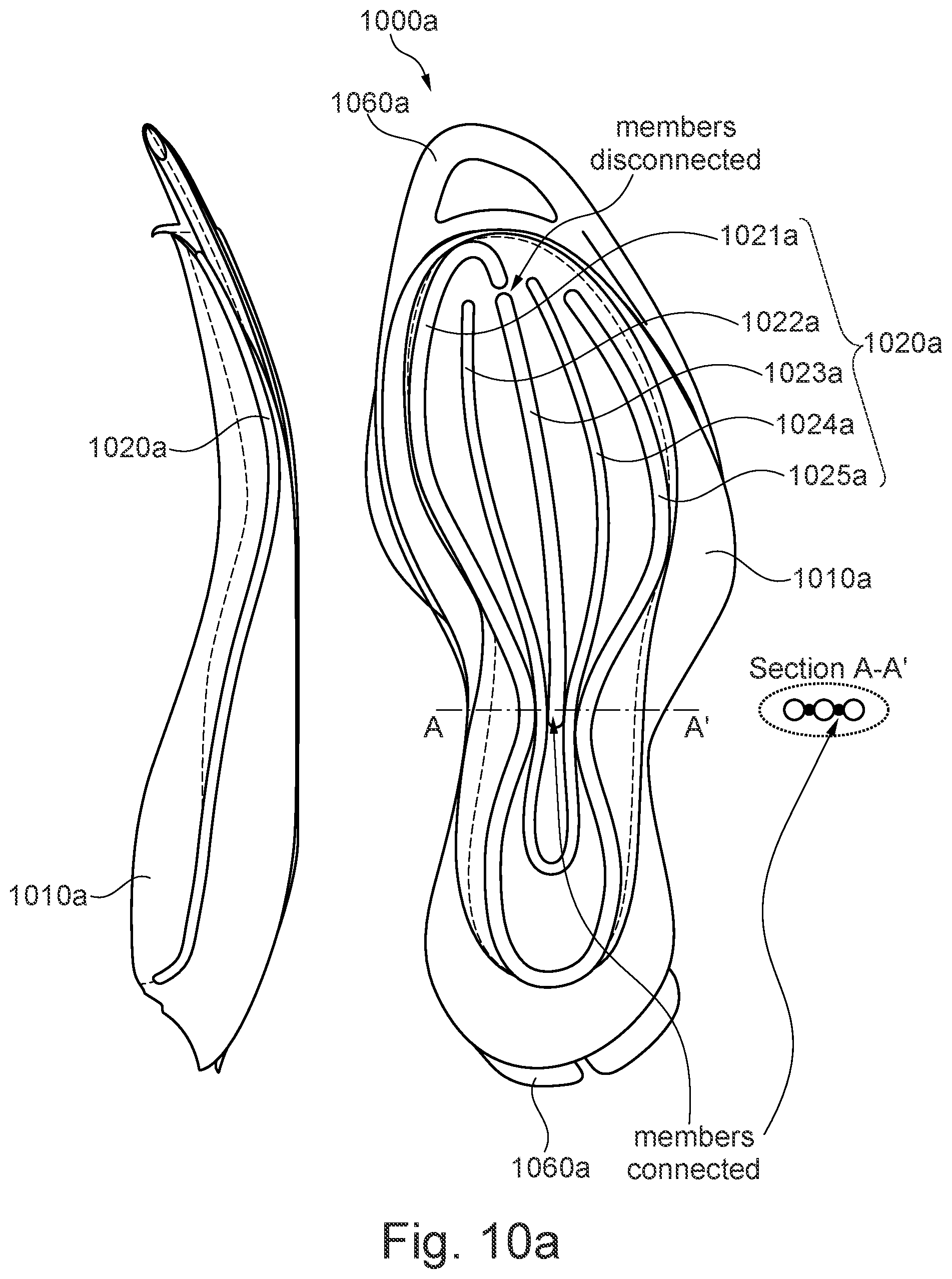 Patent US11779077 Figure 14 – Sole comprising individually deflectable reinforcing members, shoe with such a sole, and method for the manufacture of such items