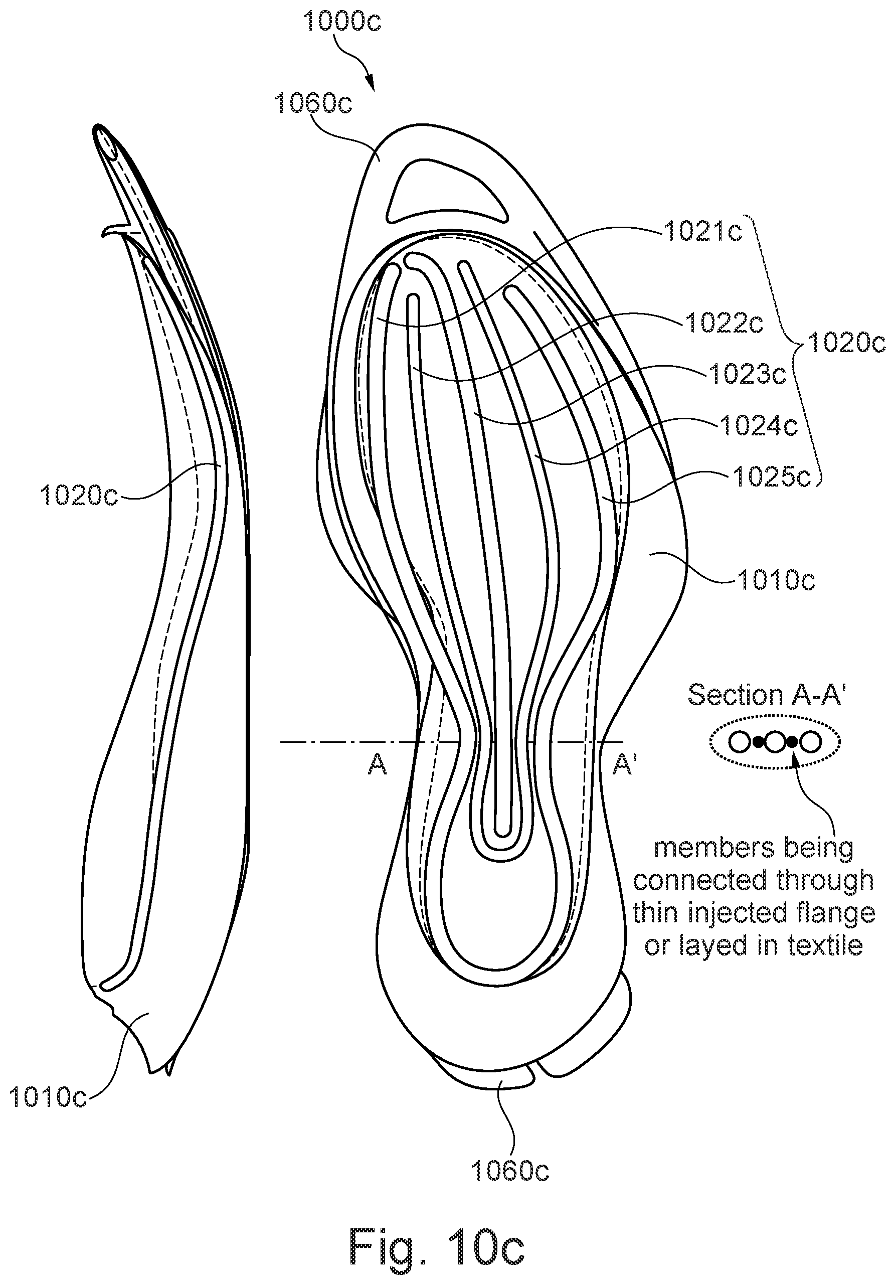 Patent US11779077 Figure 16 – Sole comprising individually deflectable reinforcing members, shoe with such a sole, and method for the manufacture of such items