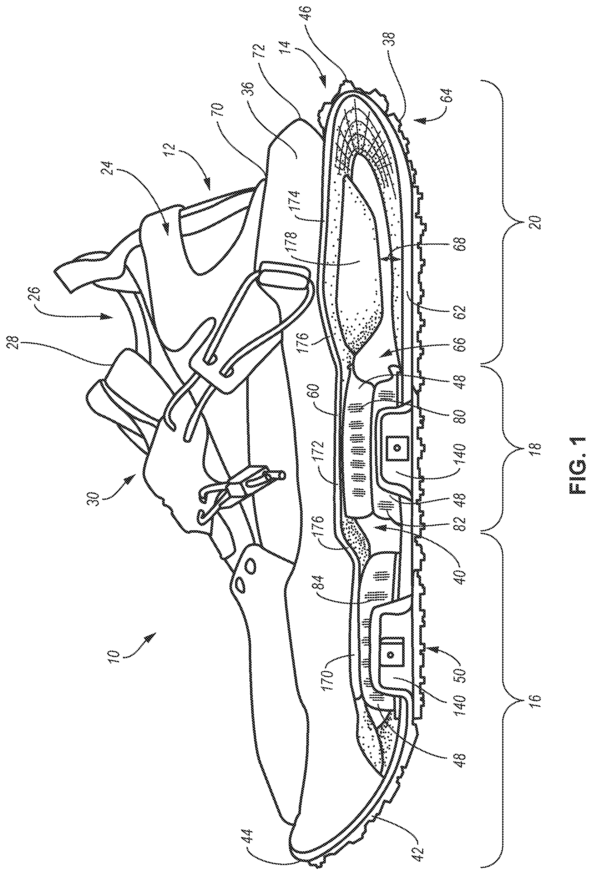 Patent US11779078 Figure 1 – Article of footwear with zonal cushioning system