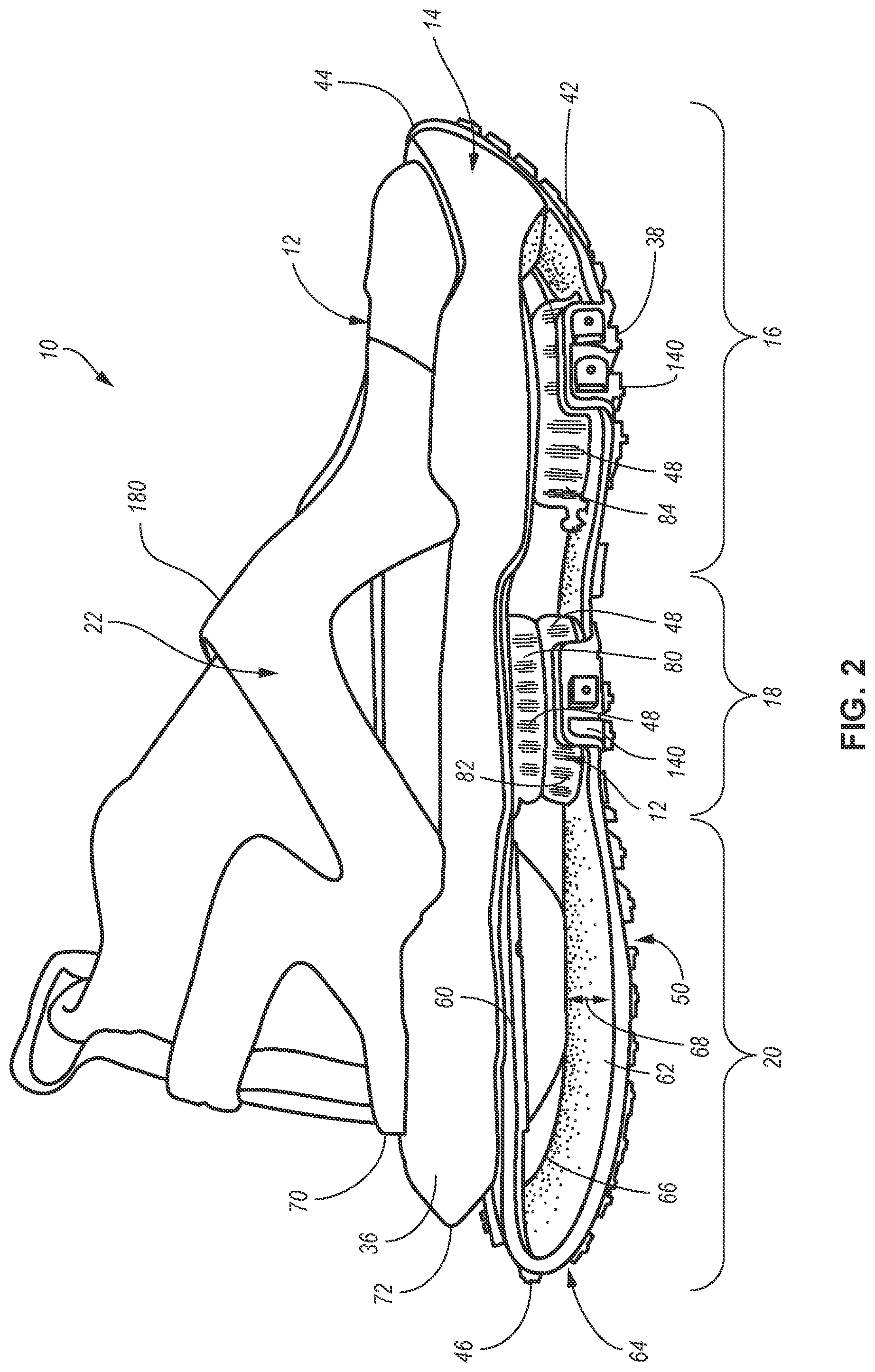 Patent US11779078 Figure 2 – Article of footwear with zonal cushioning system