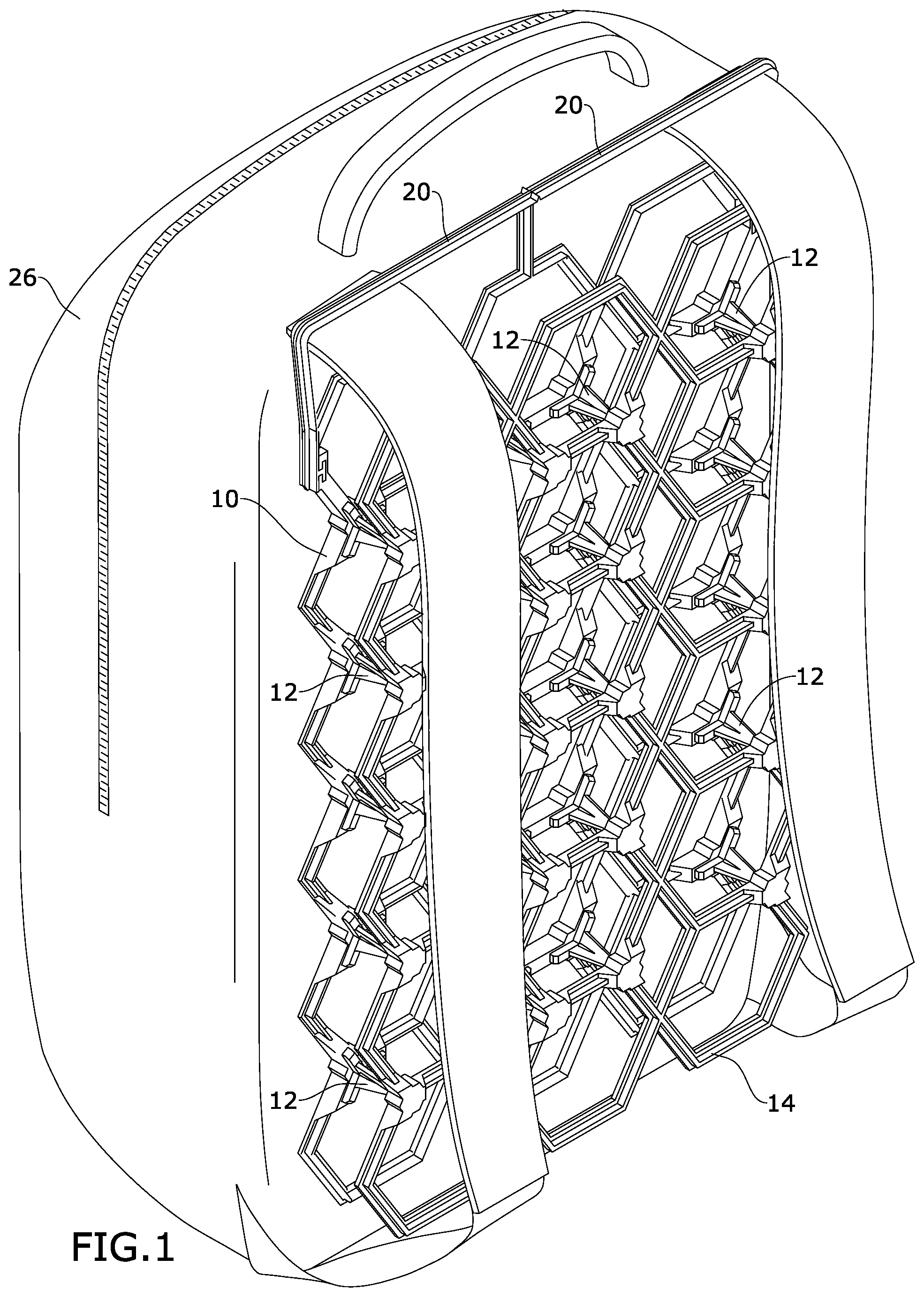 Patent US11779097 — Modular spacer device for airflow between a user and a wearable bag — Figure 1