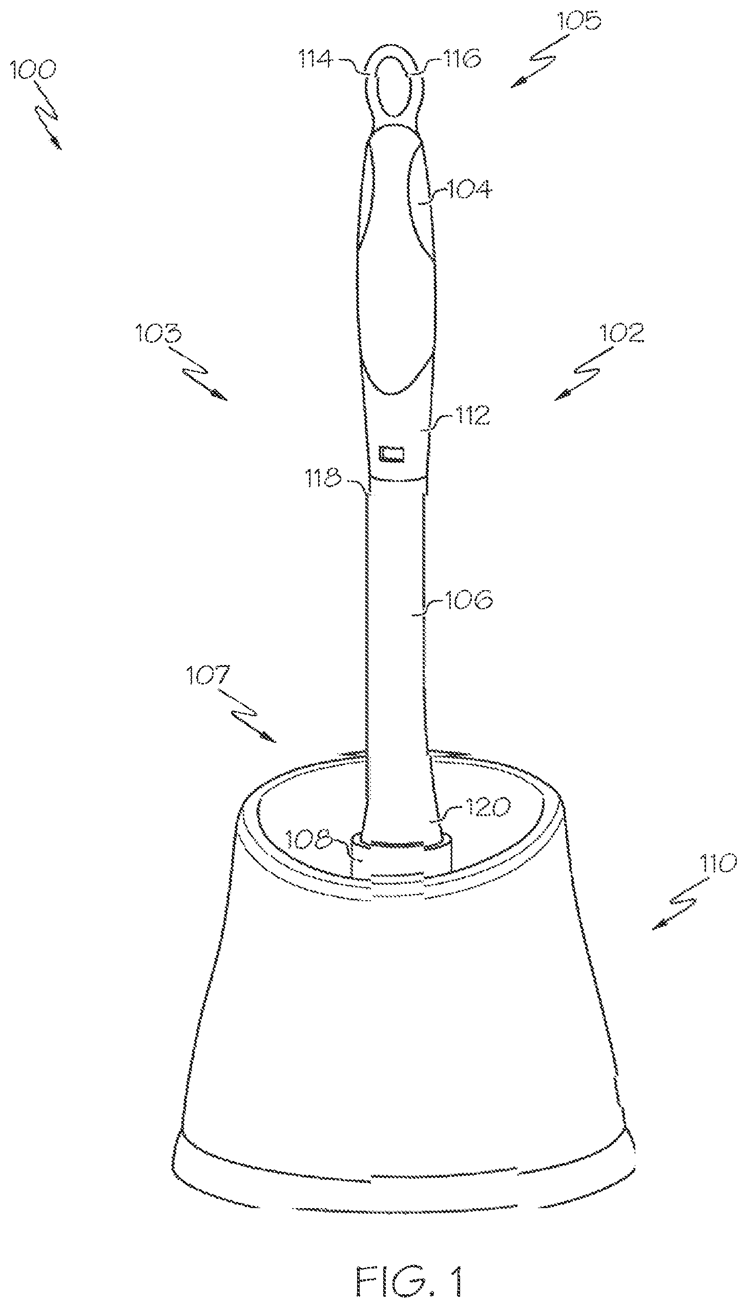 Patent US11779103 Figure 1 – Cleaner dispensing toilet bowl brush and holder