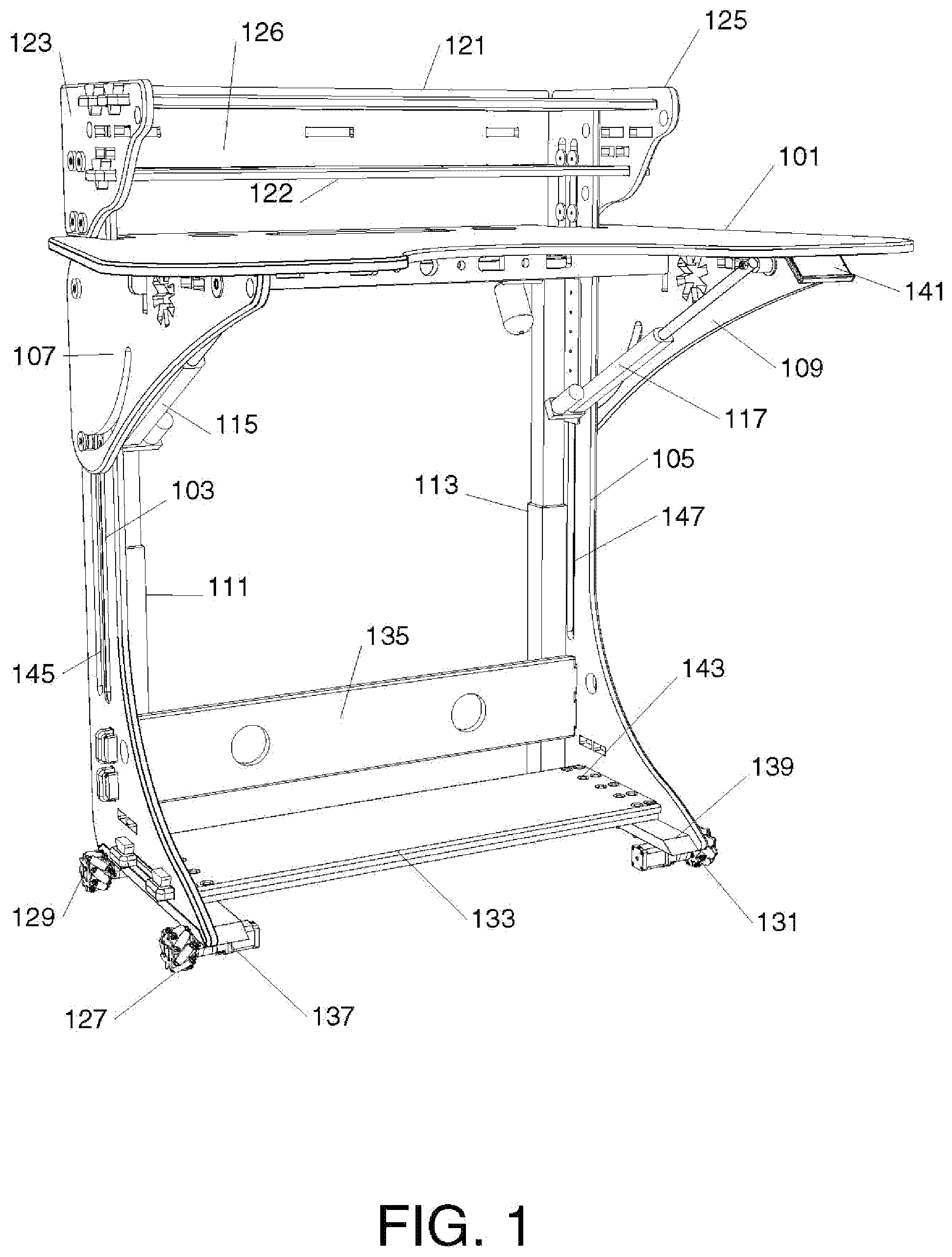 Patent US11779107 Figure 1 – Movable desk with adjustable lift and tilt