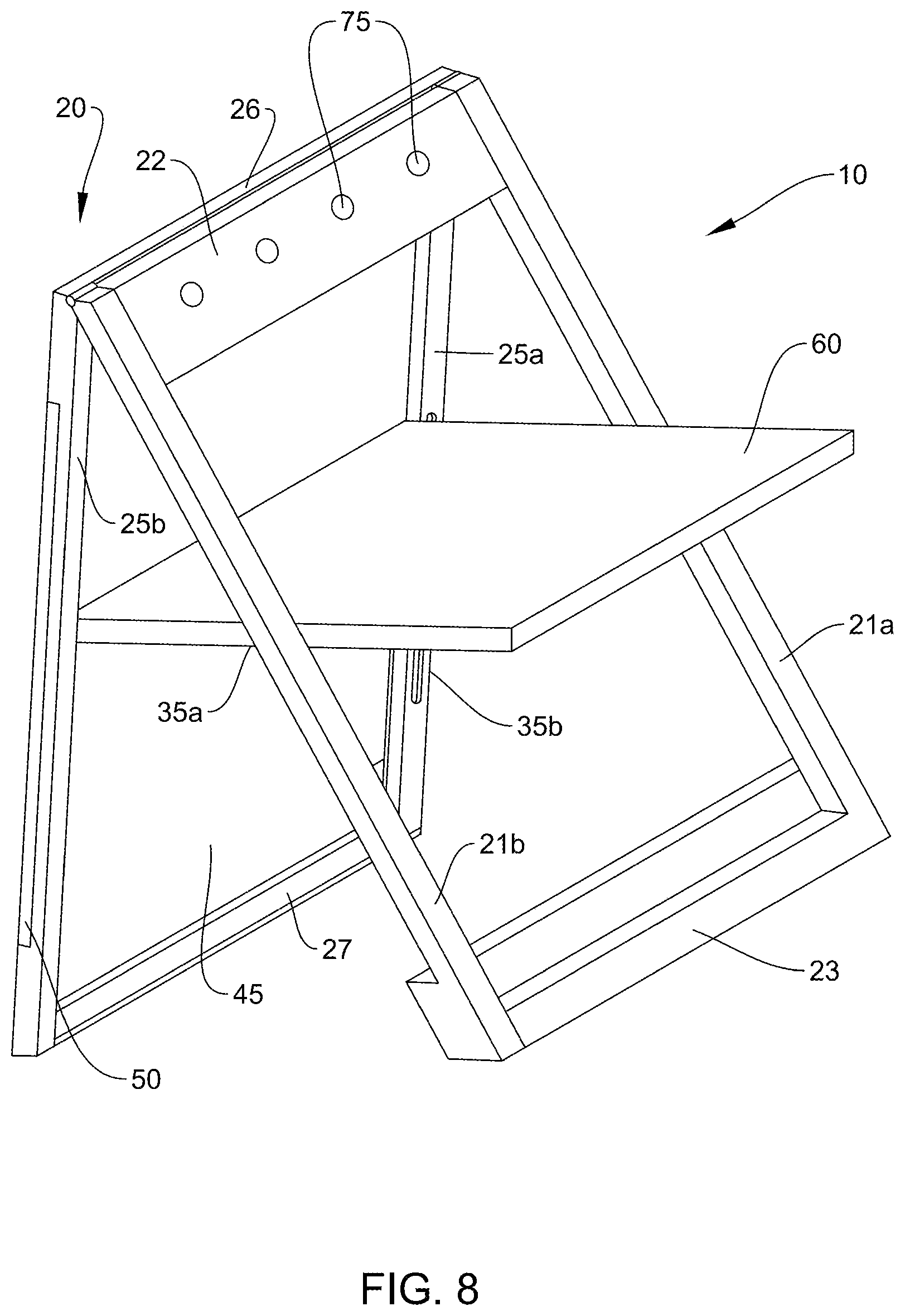 Patent US11779119 Figure 6 – Folding chair with user interchangeable frame and coat rack adapted for hanging on a wall