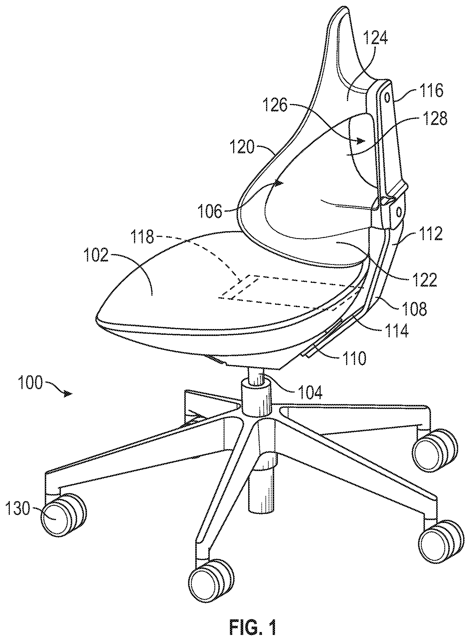 Patent US11779121 Figure 1 – Chair having pliable backrest and methods for same