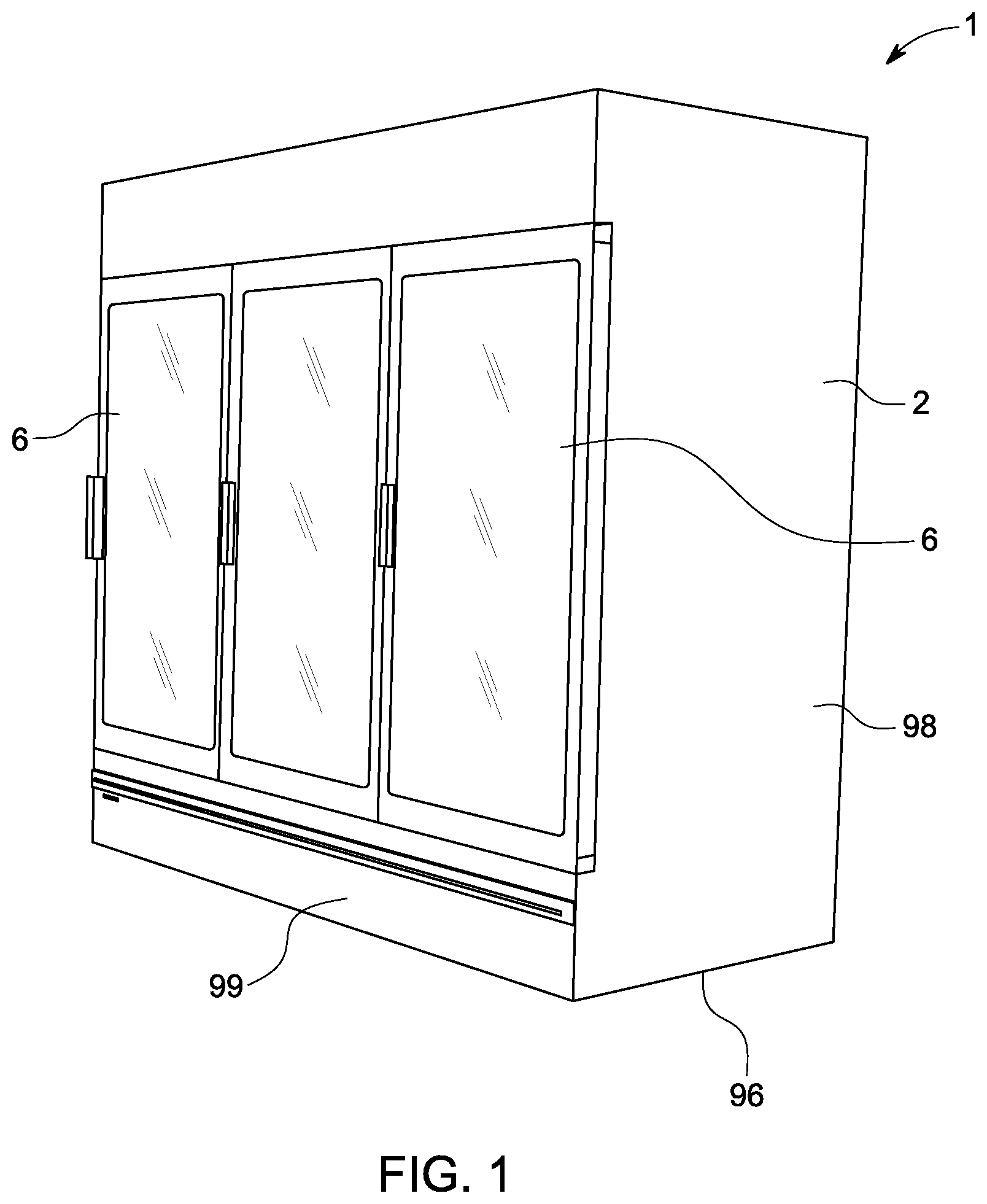 Patent US11779134 — Door arrangement for refrigerated merchandising cabinet — Figure 1