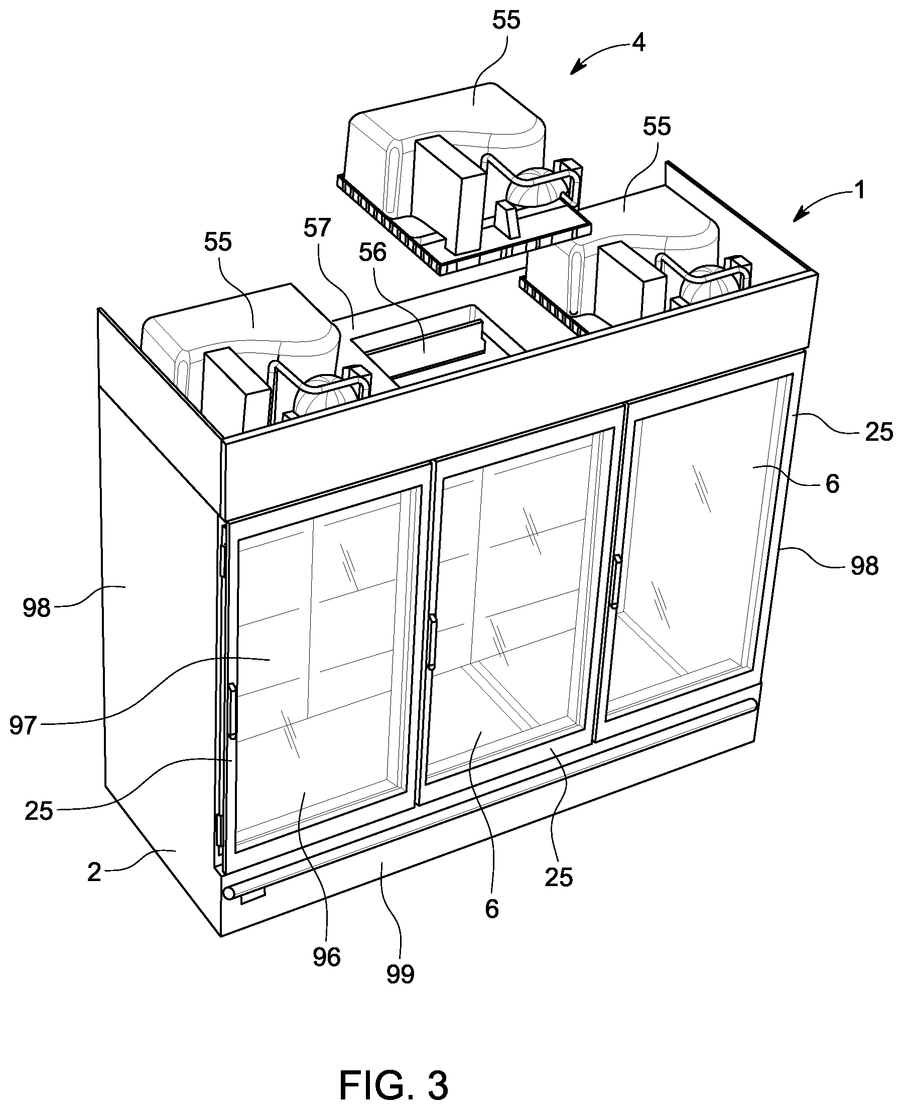 Patent US11779134 Figure 3 – Door arrangement for refrigerated merchandising cabinet