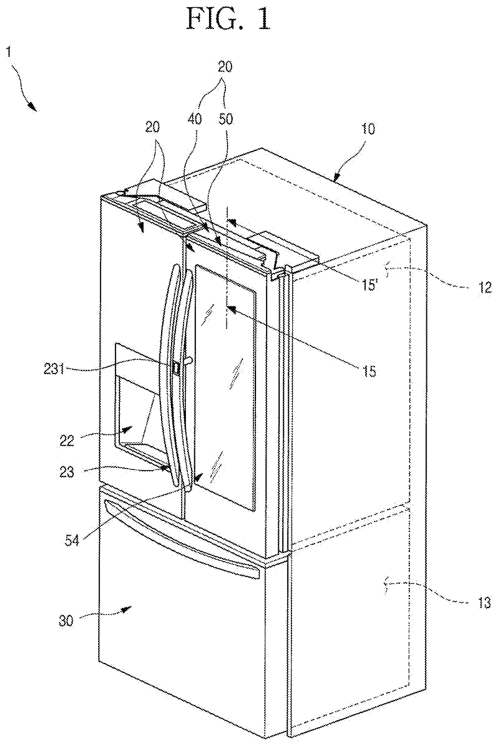 Patent US11779135 Figure 1 – Refrigerator having panel assembly covering opening of outer plate of door