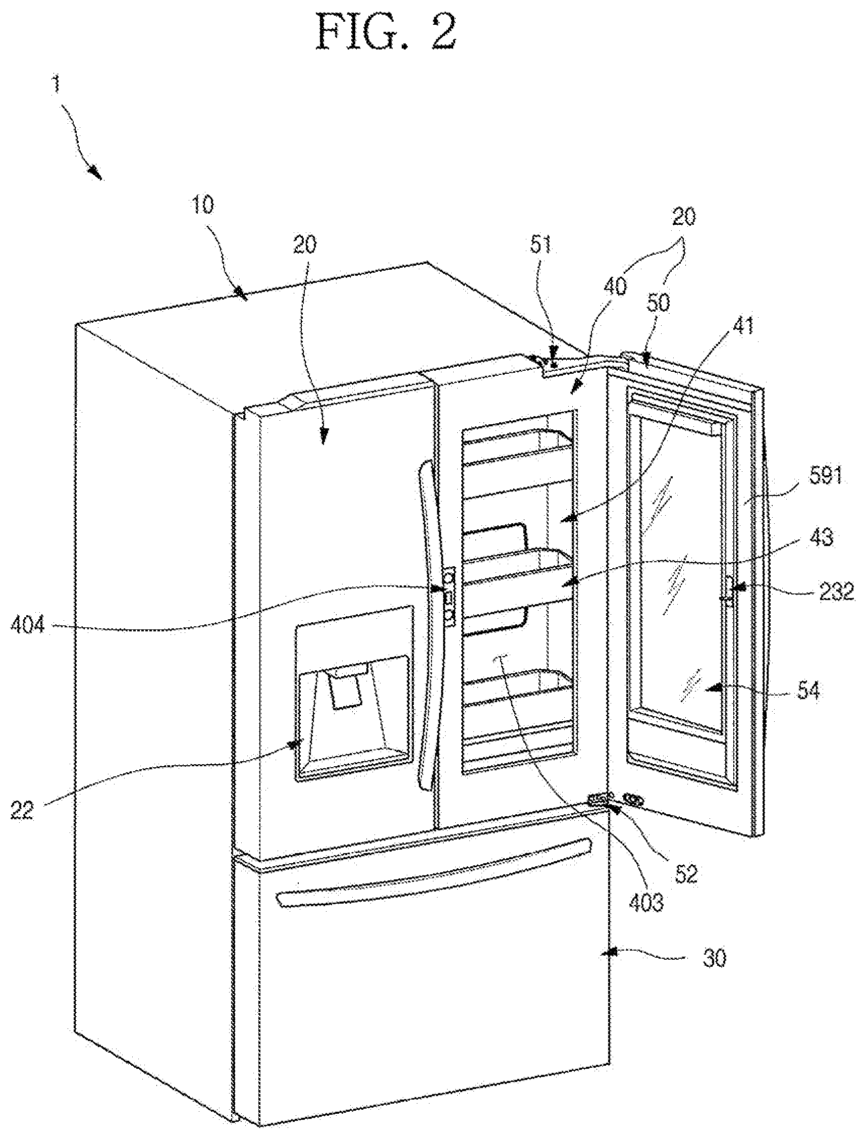 Patent US11779135 Figure 2 – Refrigerator having panel assembly covering opening of outer plate of door