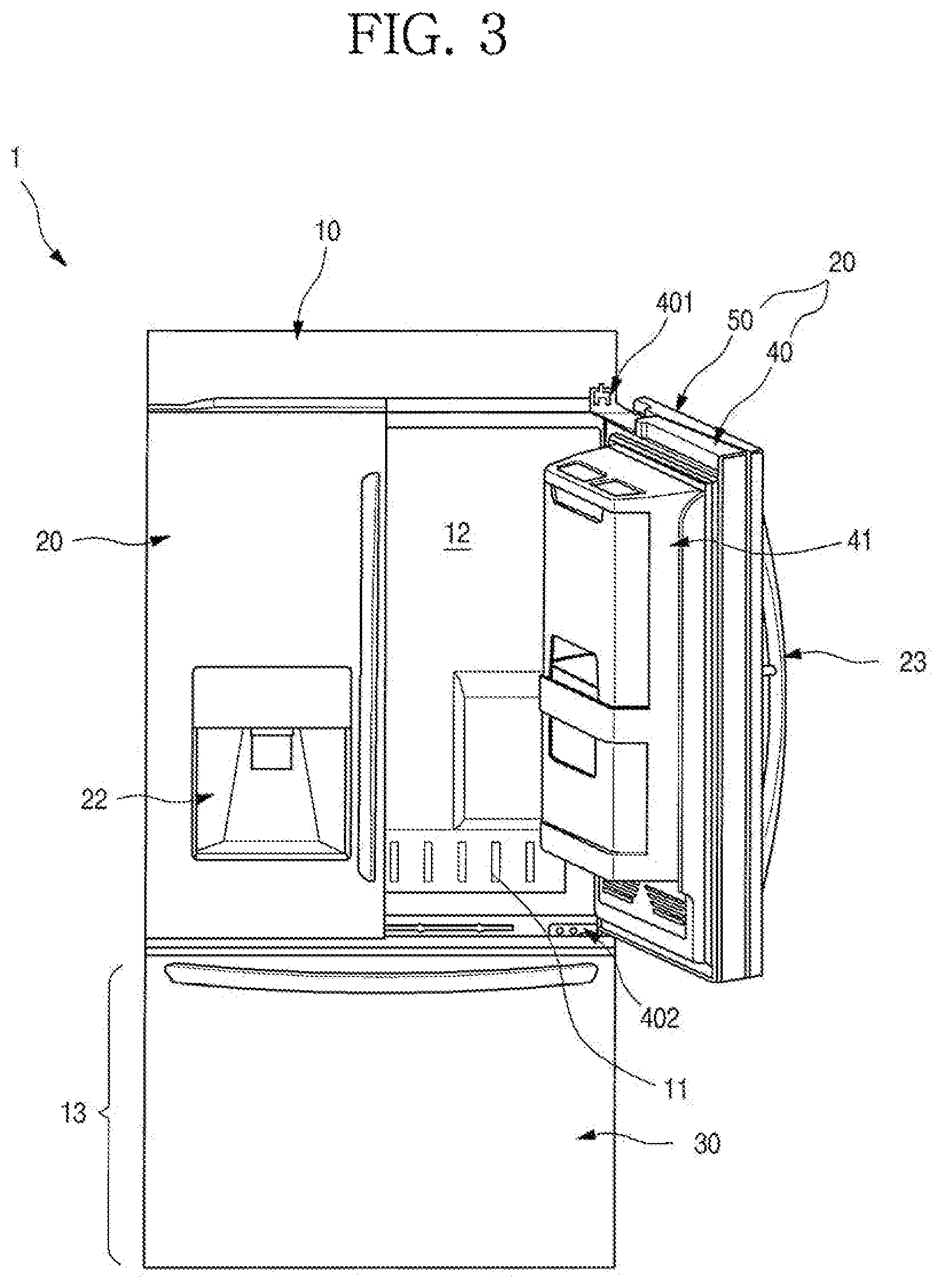 Patent US11779135 Figure 3 – Refrigerator having panel assembly covering opening of outer plate of door