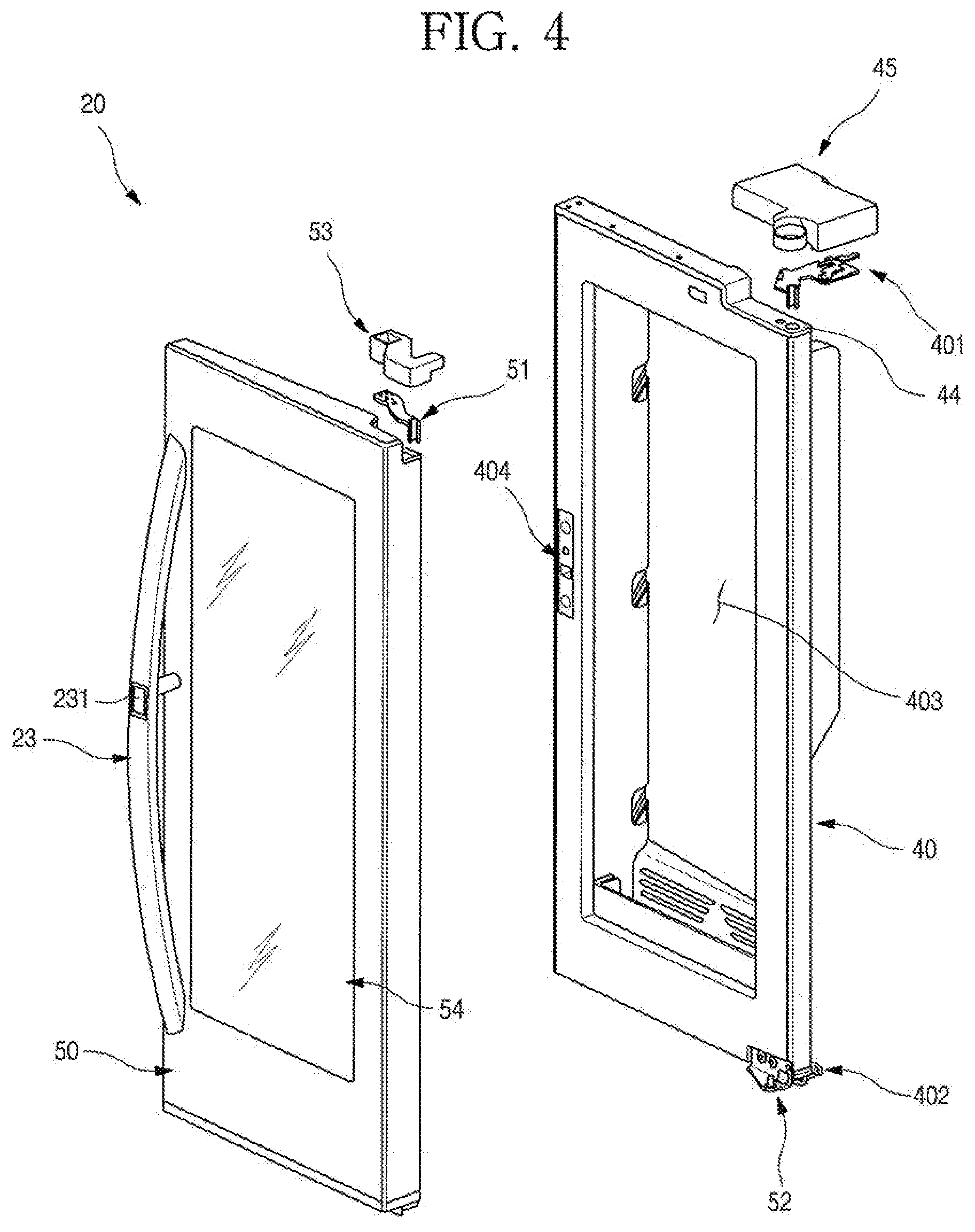 Patent US11779135 Figure 4 – Refrigerator having panel assembly covering opening of outer plate of door