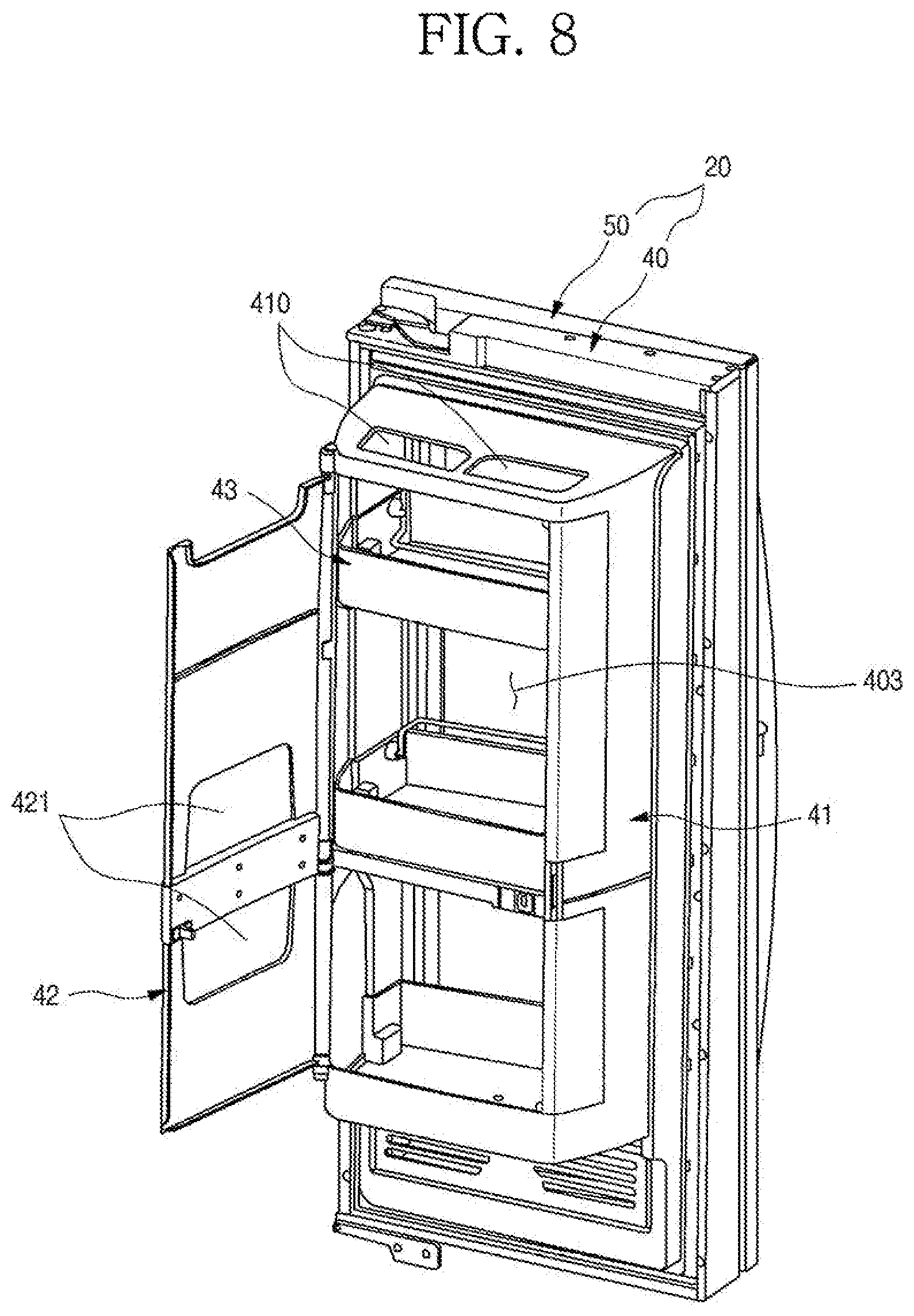 Patent US11779135 Figure 8 – Refrigerator having panel assembly covering opening of outer plate of door