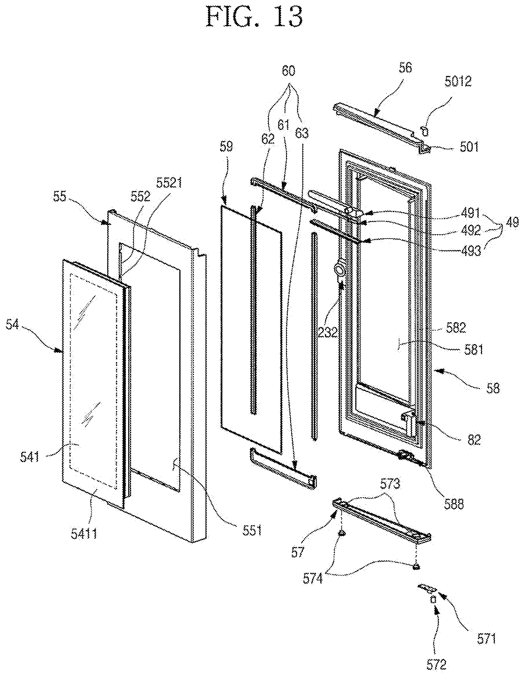 Patent US11779135 Figure 13 – Refrigerator having panel assembly covering opening of outer plate of door