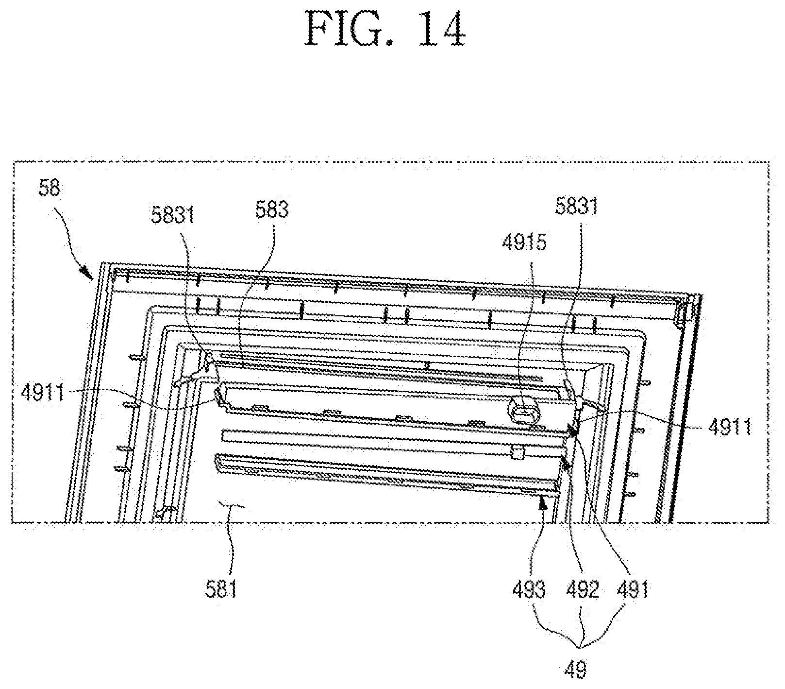 Patent US11779135 Figure 14 – Refrigerator having panel assembly covering opening of outer plate of door