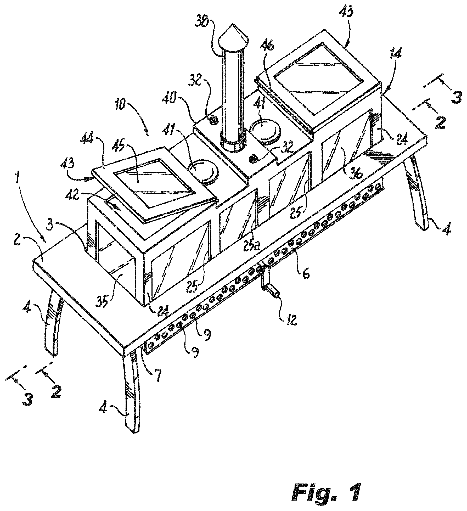 Patent US11779153 Figure 1 – Heating table with adjustable-height grill