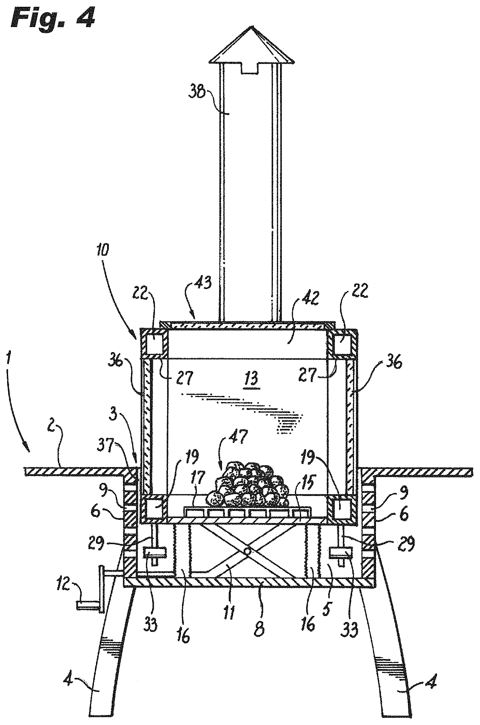 Patent US11779153 Figure 4 – Heating table with adjustable-height grill