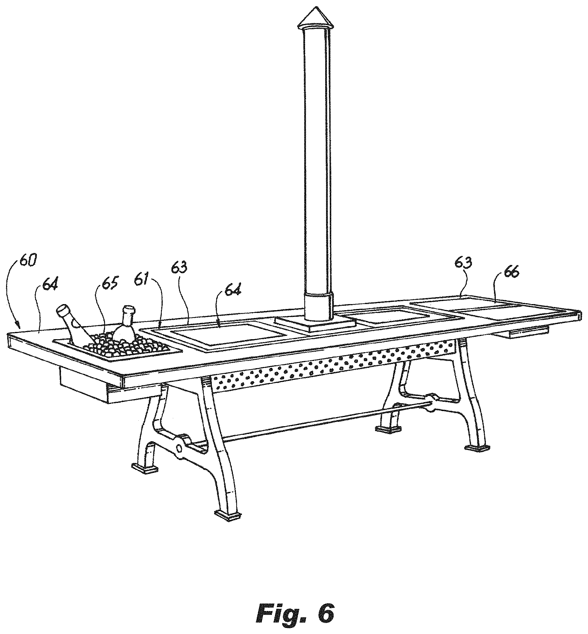Patent US11779153 Figure 6 – Heating table with adjustable-height grill