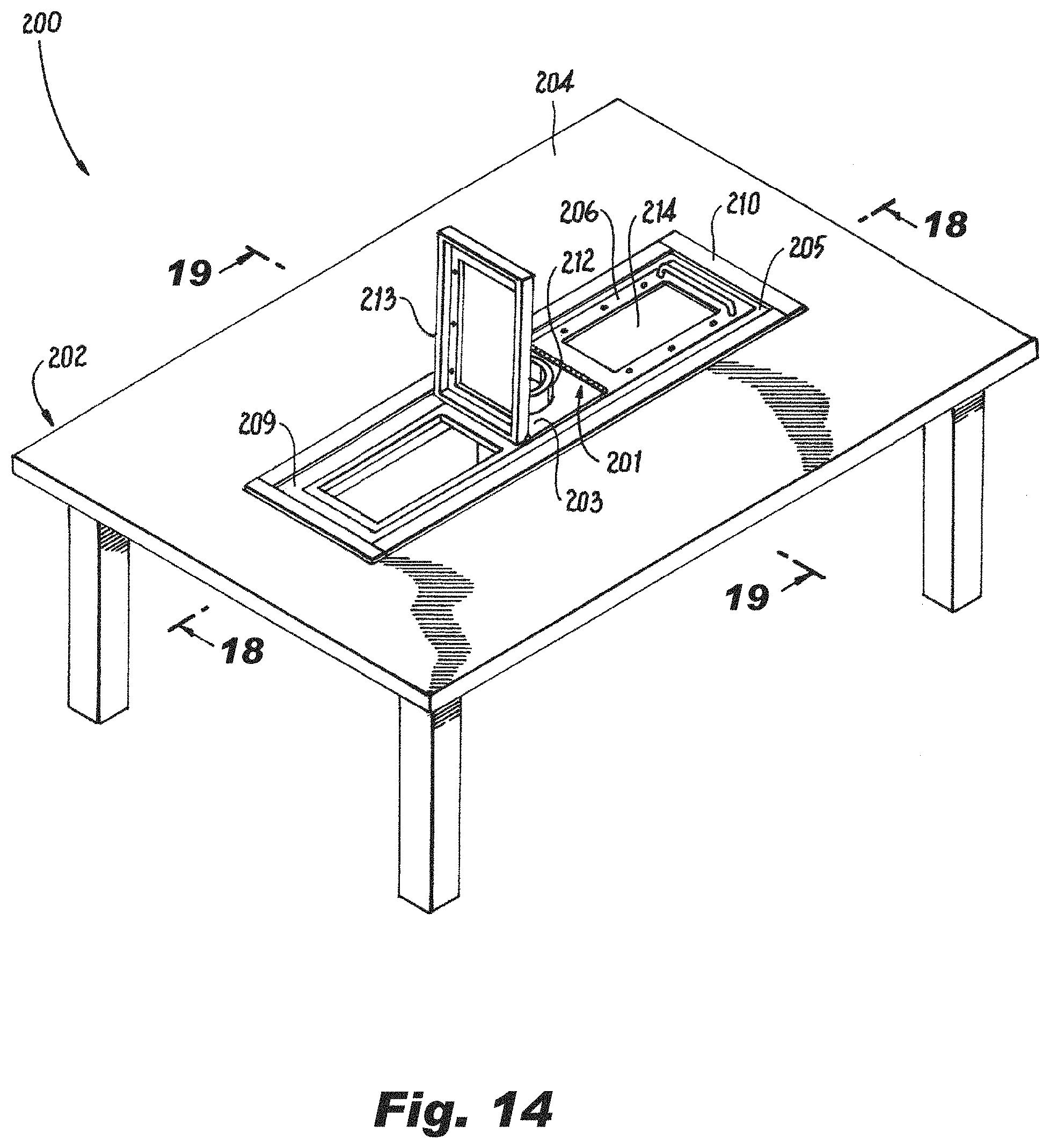 Patent US11779153 Figure 14 – Heating table with adjustable-height grill