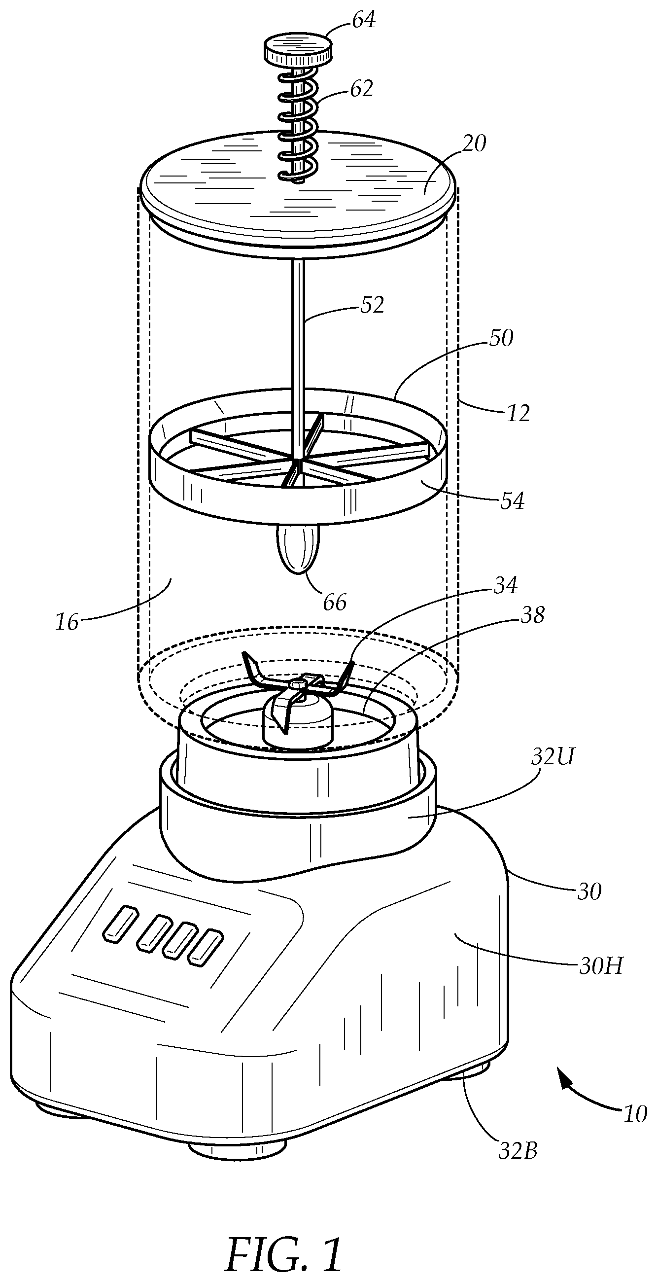 Patent US11779162 Figure 1 – Blender with integral food residue scraper