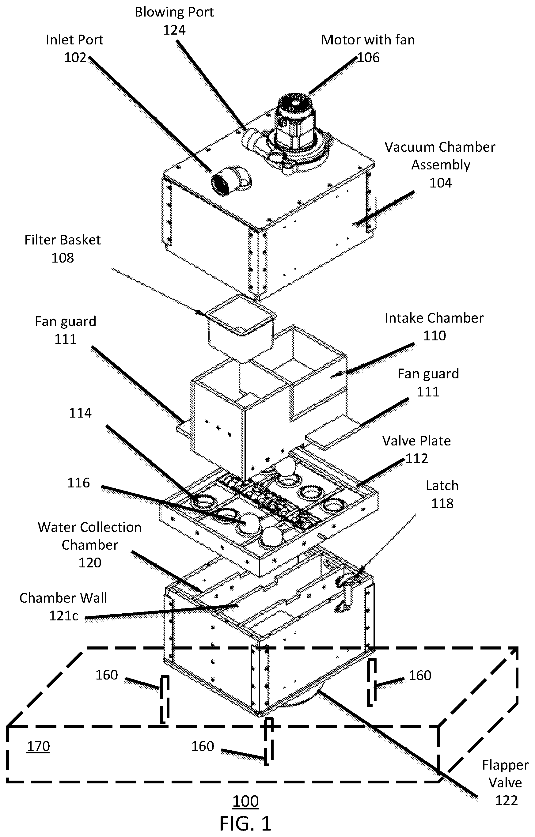 Patent US11779175 Figure 1 – Apparatus, system and method for vacuum with switchable collection chamber