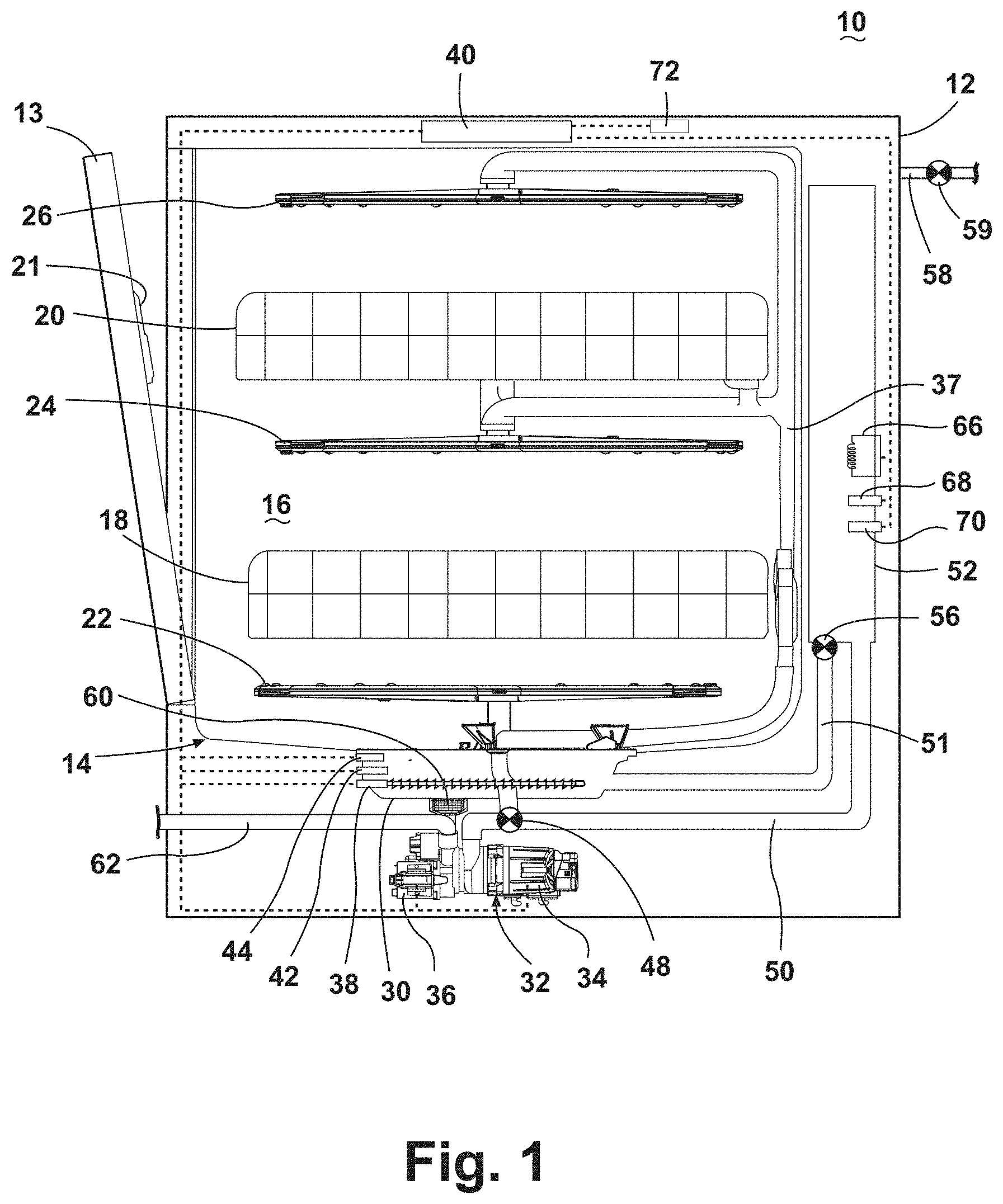 Patent US11779190 Figure 1 – Dishwasher system with a reuse tank