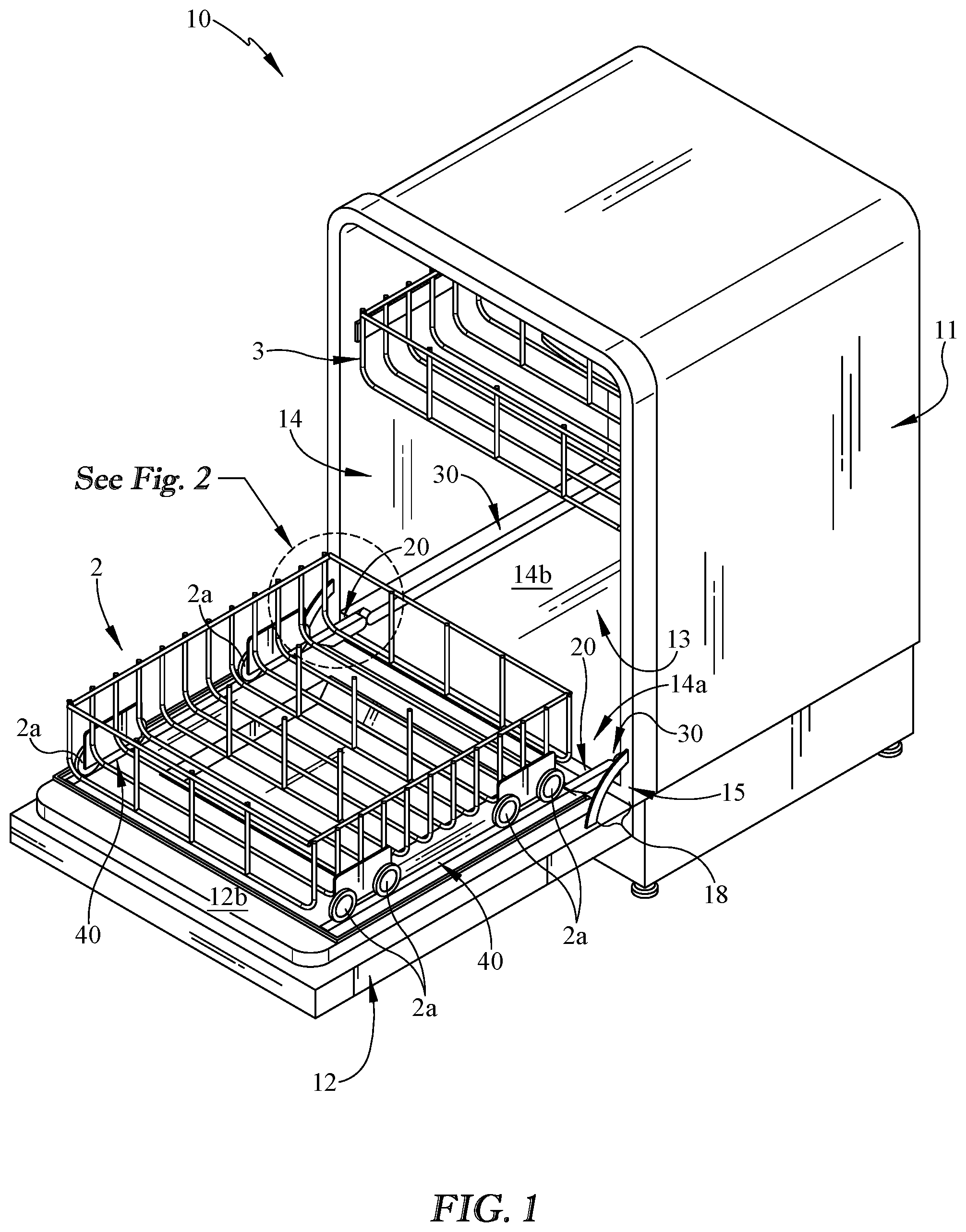 Patent US11779191 Figure 1 – Wheel shelf for a dish washing appliance