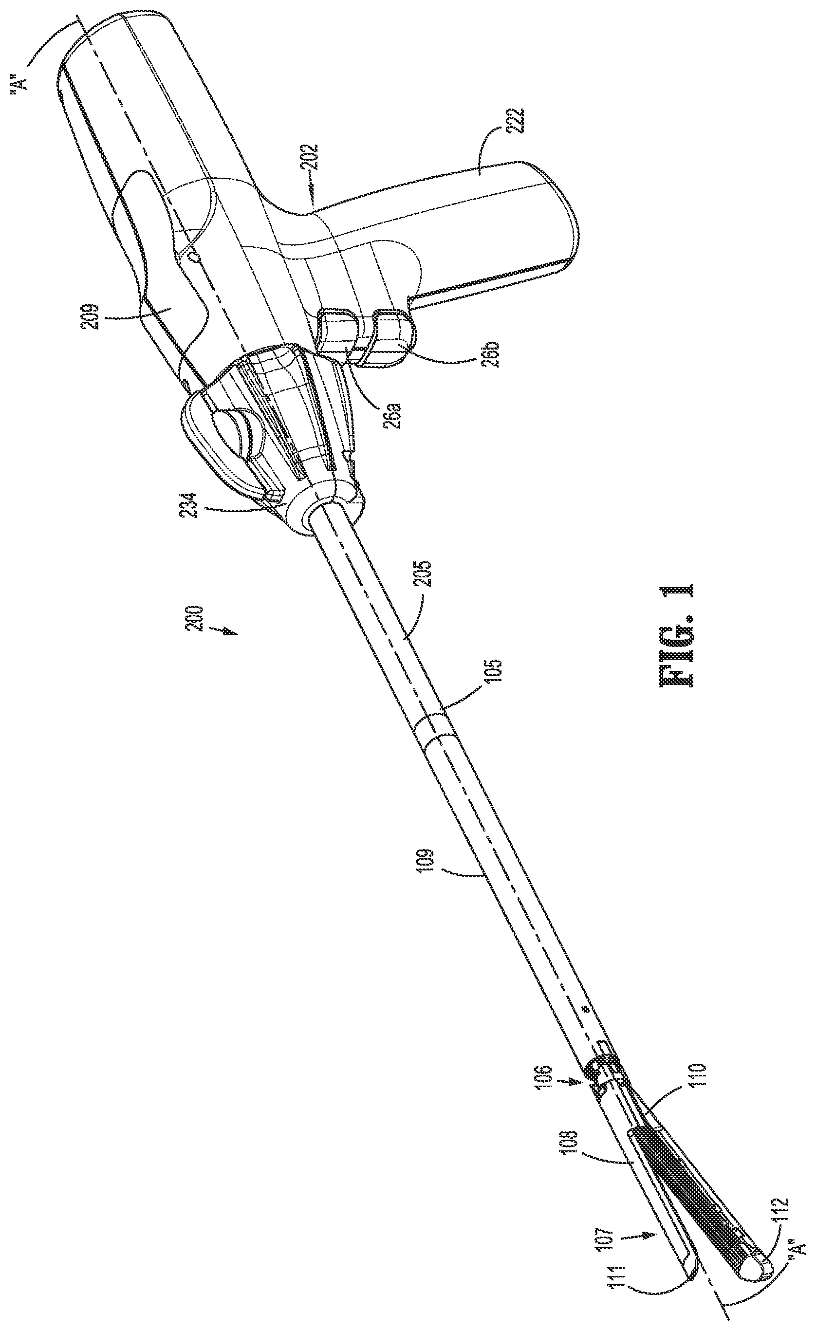Patent US11779334 Figure 1 – Surgical stapling device including a manual retraction assembly