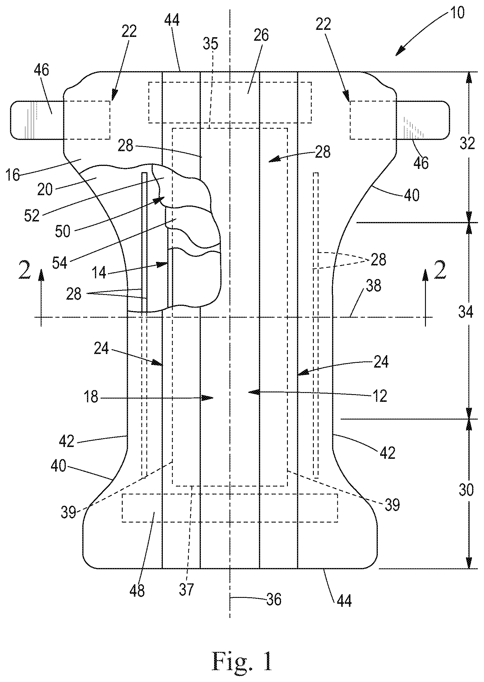 Patent US11779496 Figure 1 – Absorbent cores comprising a superabsorbent polymer immobilizing material