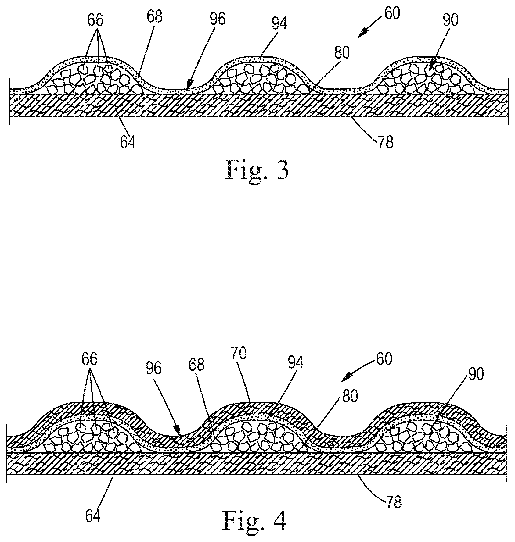 Patent US11779496 Figure 3 – Absorbent cores comprising a superabsorbent polymer immobilizing material