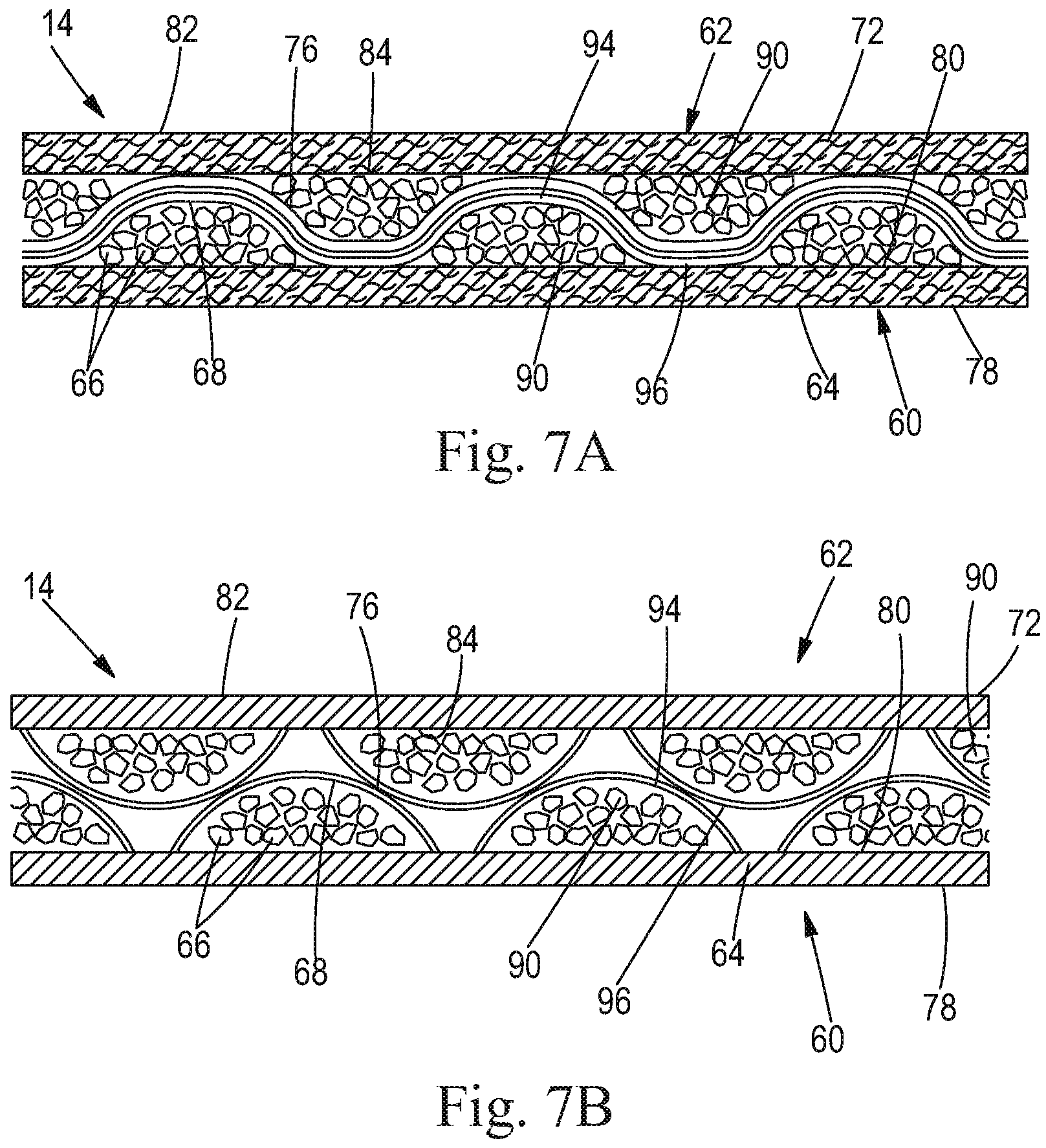 Patent US11779496 Figure 6 – Absorbent cores comprising a superabsorbent polymer immobilizing material