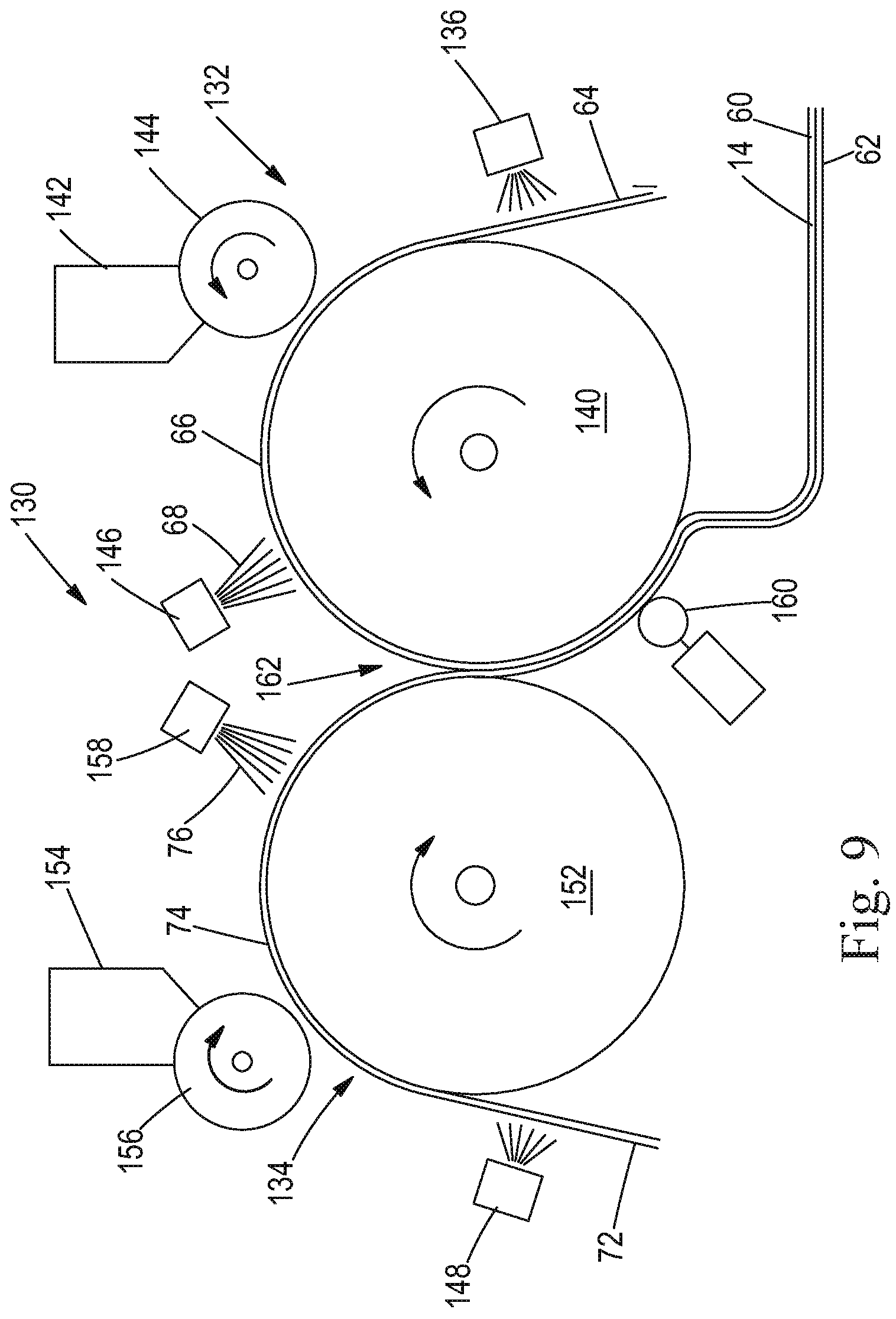 Patent US11779496 Figure 8 – Absorbent cores comprising a superabsorbent polymer immobilizing material