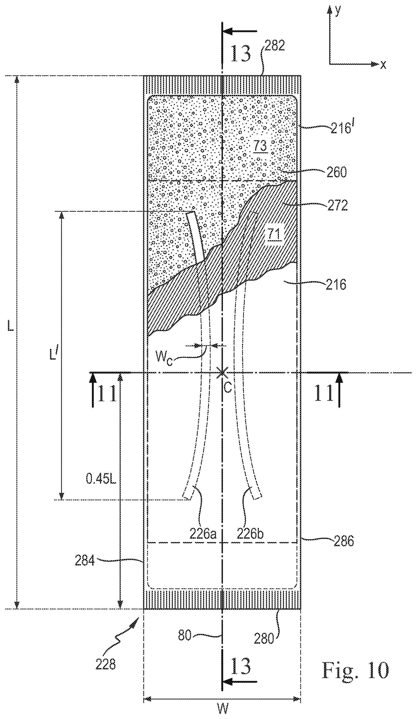 Patent US11779496 Figure 9 – Absorbent cores comprising a superabsorbent polymer immobilizing material