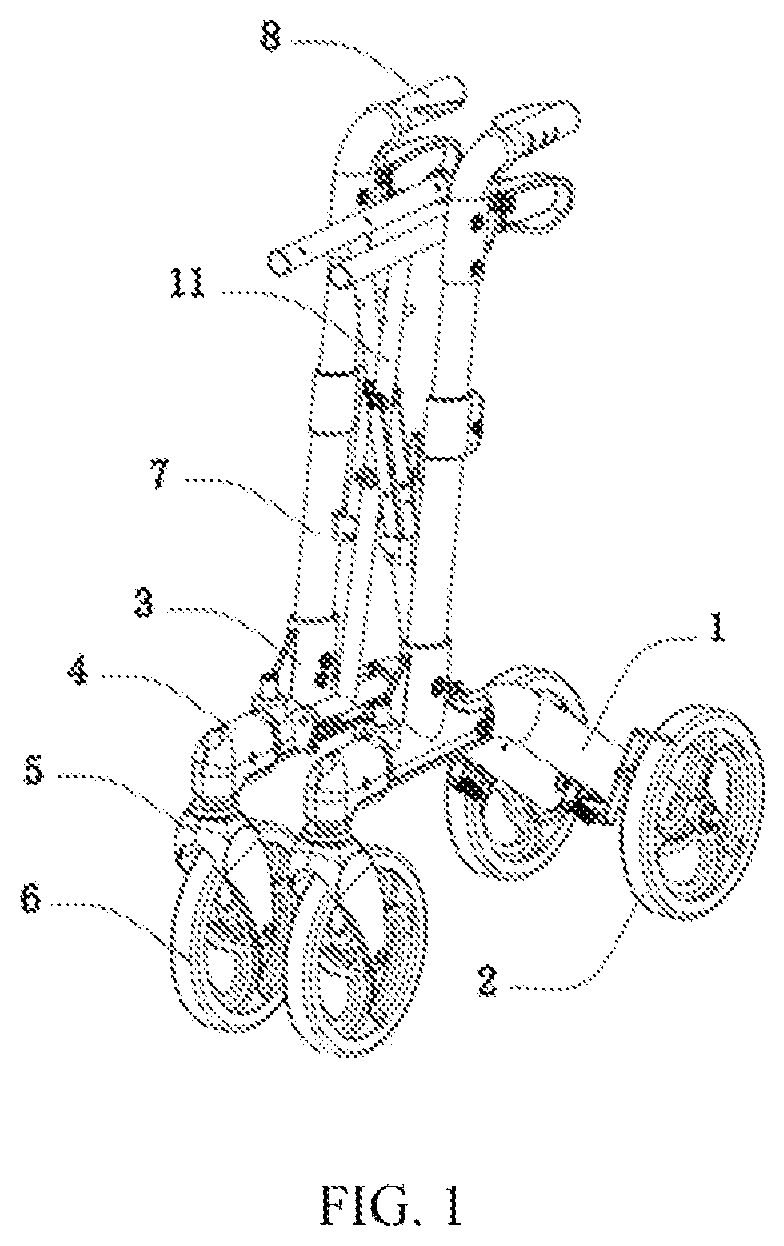 Patent US11779506 Figure 1 – Connecting rod self-locking structure for double-folded rollator