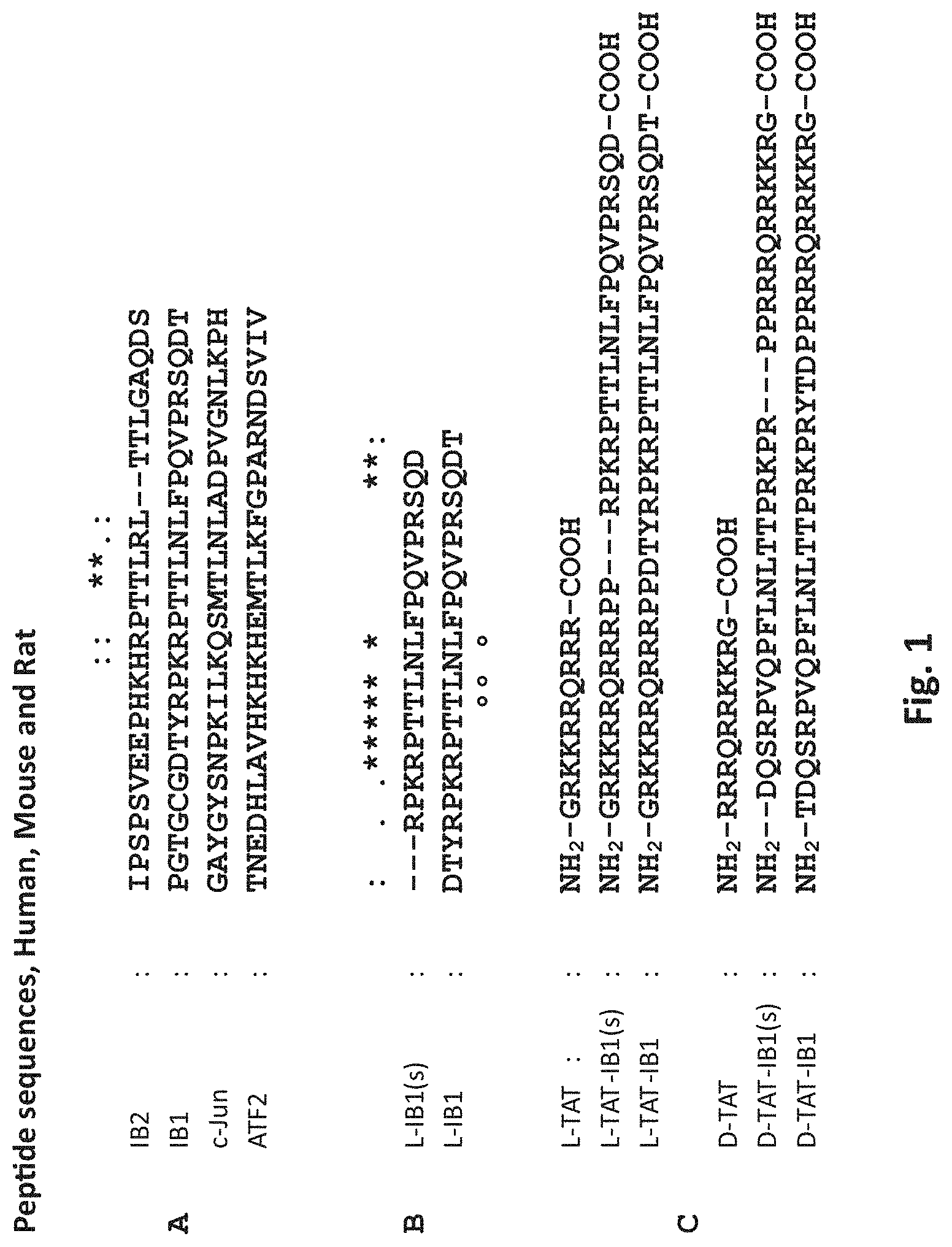 Patent US11779628 Figure 1 – Use of cell-permeable peptide inhibitors of the JNK signal transduction pathway for the treatment of various diseases